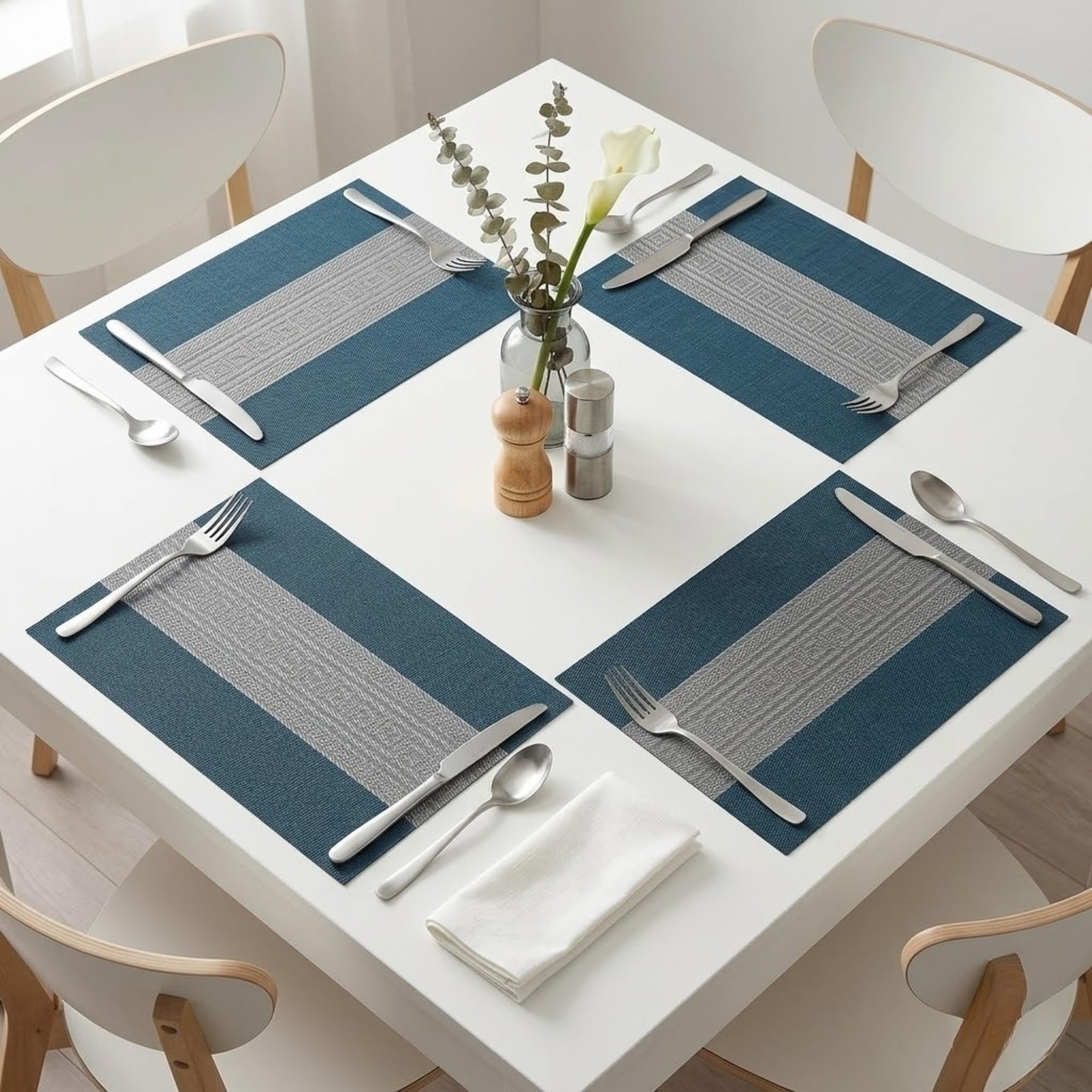 daiDokoro Rectangular Crossweave Woven PVC Vinyl Non-Slip Insulation Heat-Resistant & Waterproof Stain Resistant Washable Placemat for Dining & Kitchen Table-(Dark Blue, Set of 4)-image-13