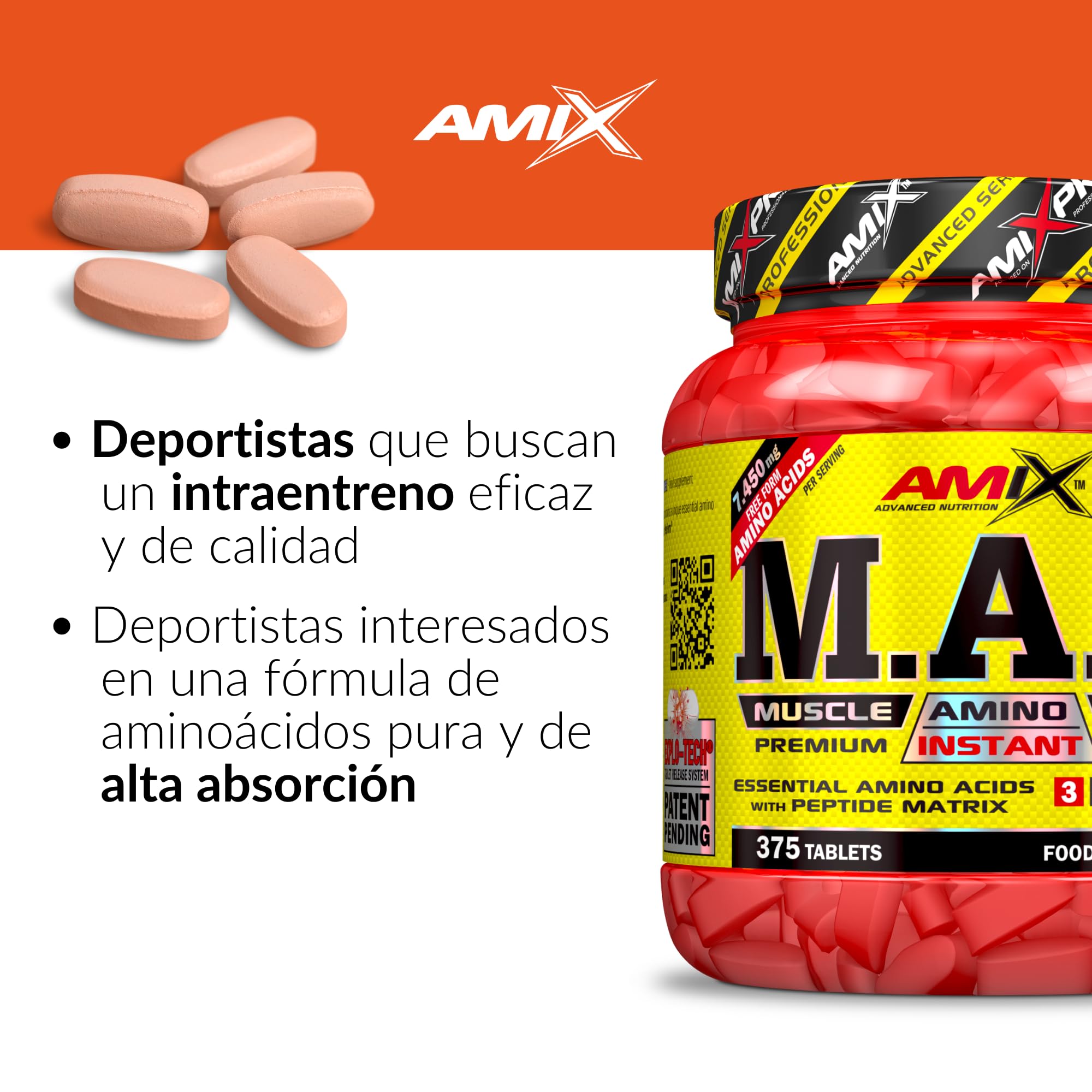AMIX - Aminoácido en Tabletas Muscle Amino Power - Suplemento para Mantener y Aumentar la Masa Muscular - Gran Aporte de Proteínas para el Desgaste Muscular - 375 tabletas