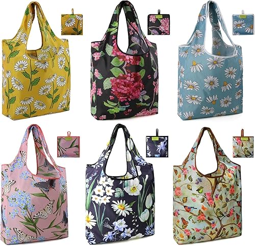 BeeGreen Bolsas de comestibles reutilizables florales  XL grandes de capacidad de 50 libras, juego de 6, bolsa plegable de poliéster Ripstop de