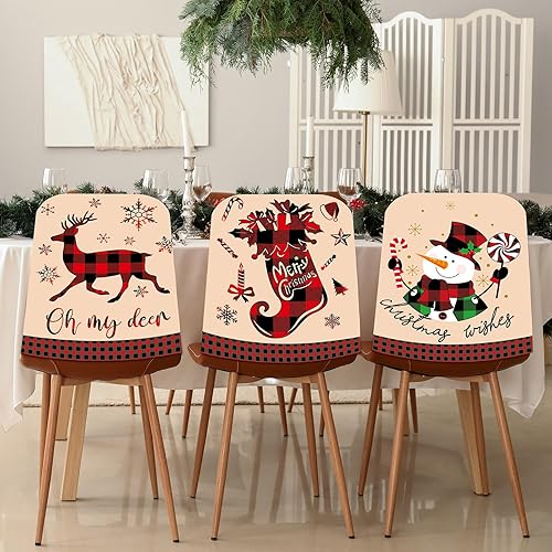 Miniatura 2 de Ganeen 6 fundas para sillas de Navidad, sombrero de Papá Noel, zapatos de elfo, de fieltro a cuadros, fundas para sillas de comedor de Feliz