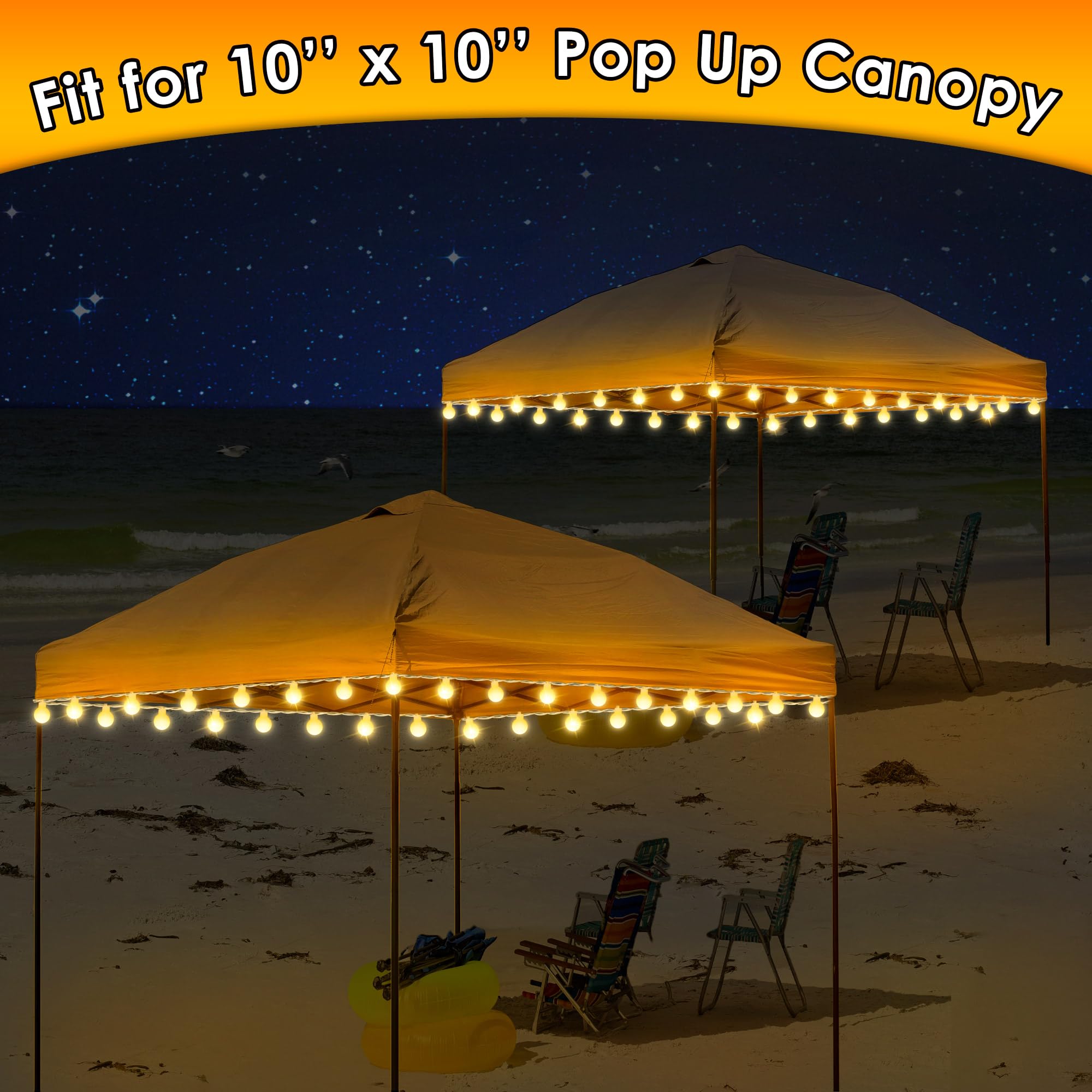 Lot de 2 lampes d'auvent à DEL de 12,2 m, 80 DEL alimentées par piles, lumières d'extérieur avec 8 modes, guirlande lumineuse blanc chaud pour tente d'auvent pop-up de 3 x 3 m