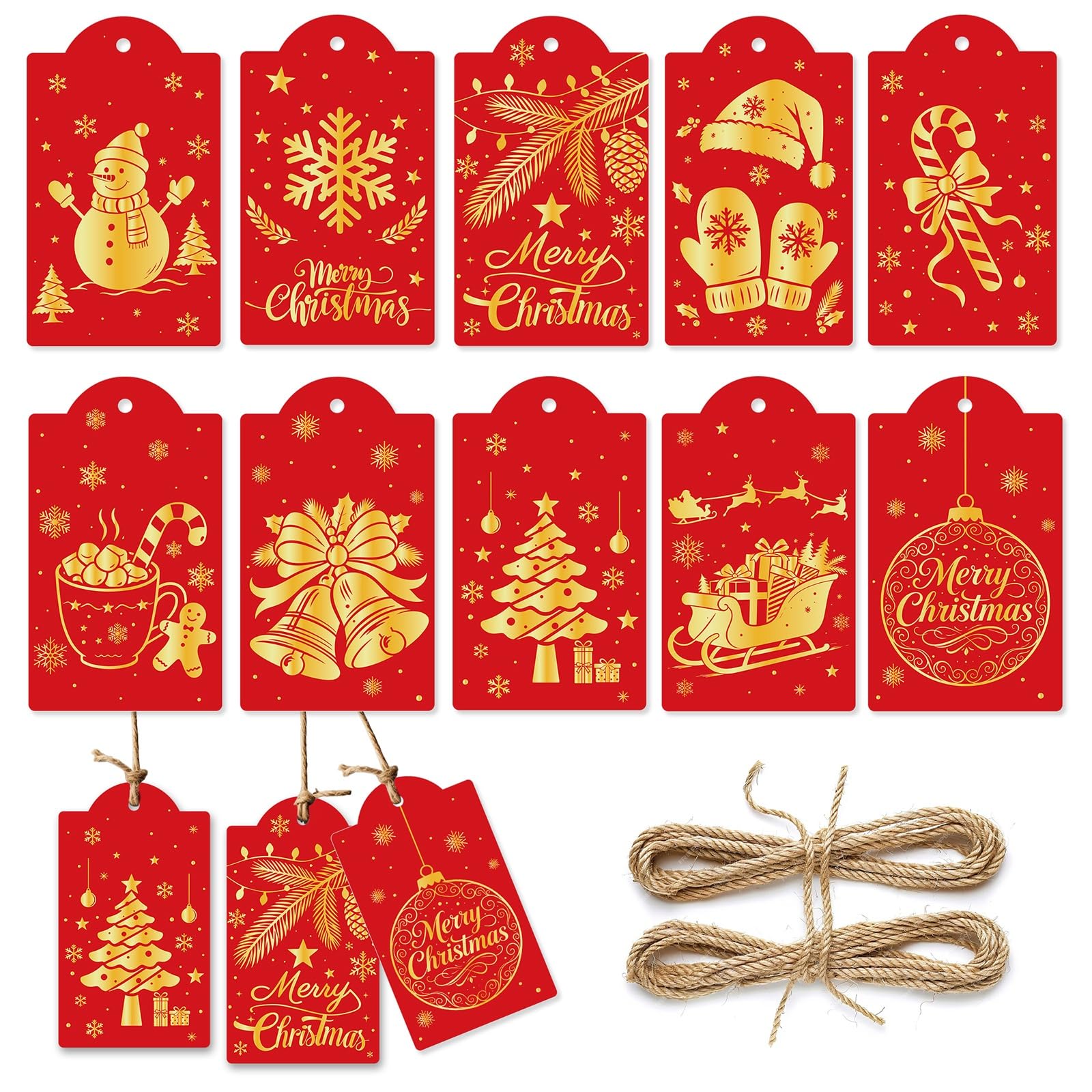 MORAINJAY 60 Pcs Red Gold Christmas Tags, Xmas Gift Labels with String — image 1