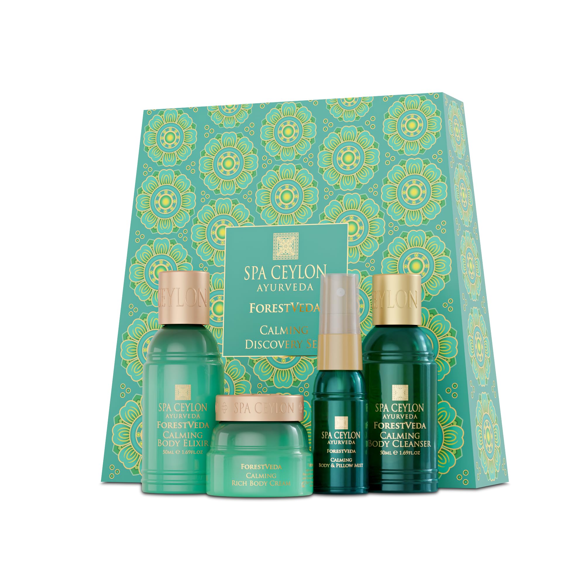 Spa Ceylon ForestVeda Calming Discovery Set – Wellness Spa Set, Pampering Trial Set, Relaxing Gift with Travel Size Body Lotion, Shower Gel, Body Cream & Pillow Mist, 4-Piece Set