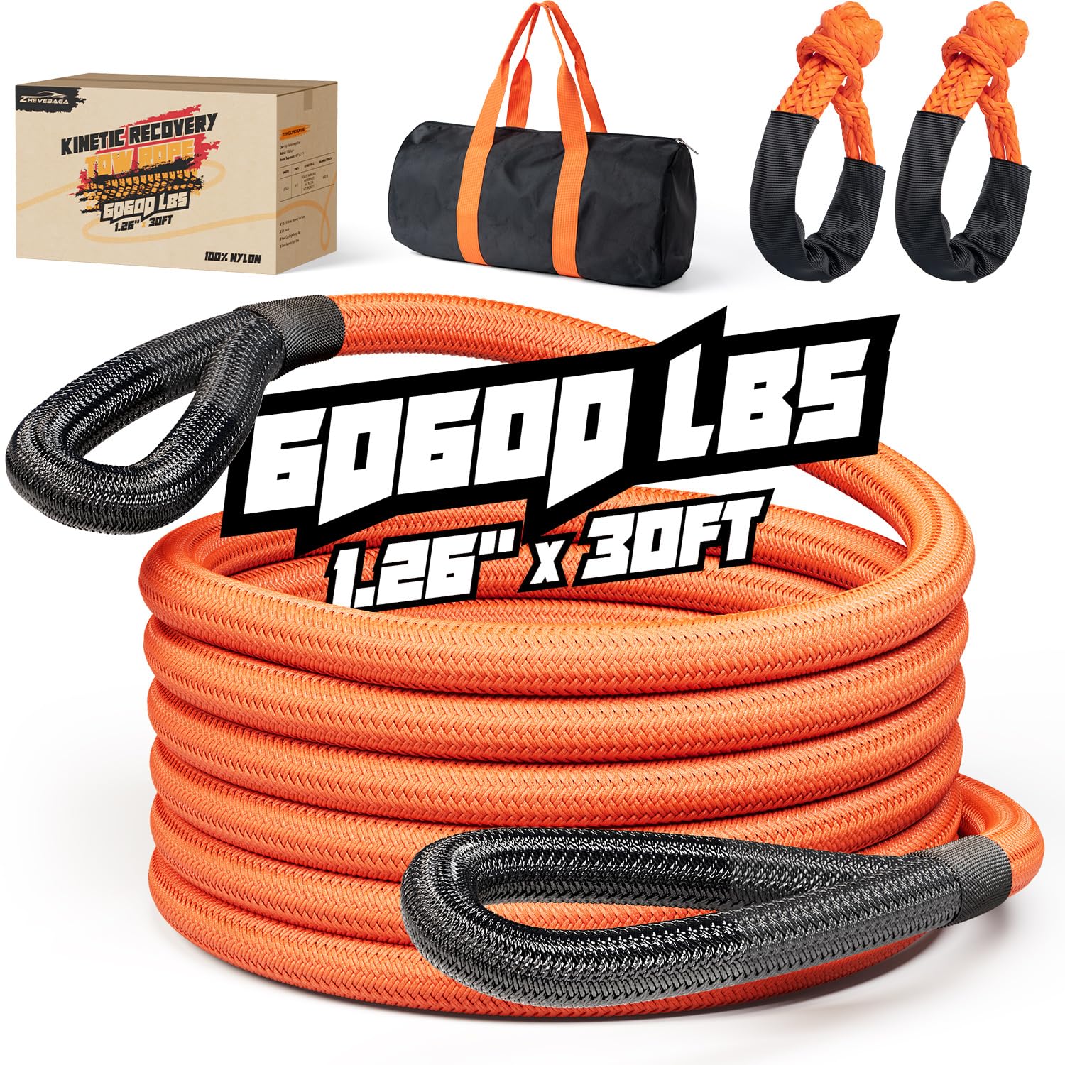 Kinetic Recovery Rope 1.26 X 30ft - 60,600 Lbs Capacity, With Soft Shackles, Green