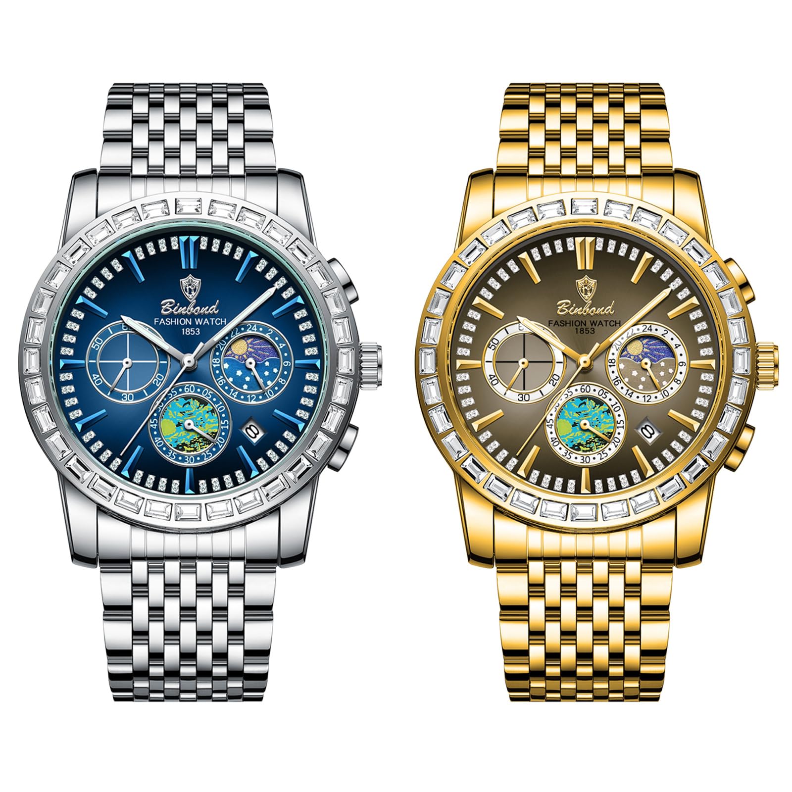 JewelryWe Zegarek męski, świecący zegarek chronografowy: 2 szt. 30 wodoszczelny kalendarz, analogowy, kwarcowy, męski, pasek ze stali nierdzewnej, wielofunkcyjny zegarek ze świecącymi wskazówkami
