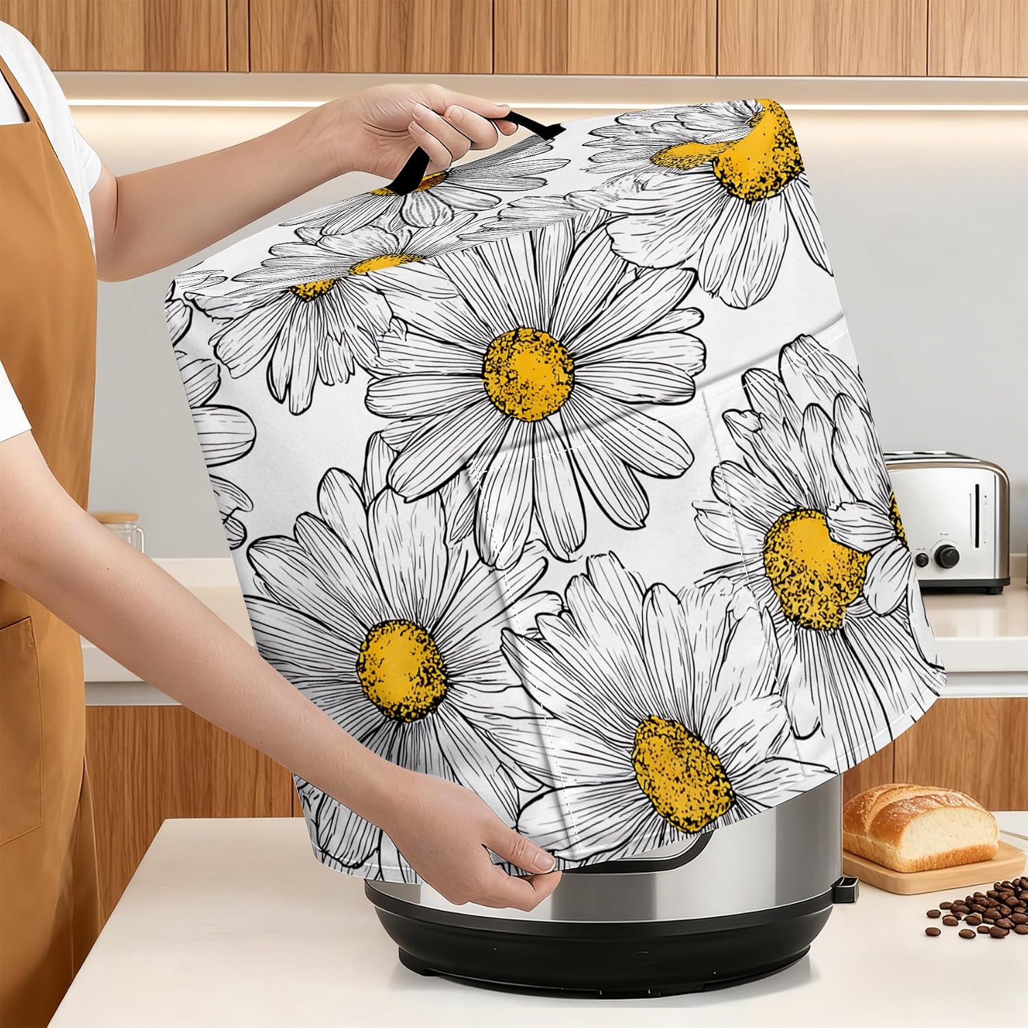 Kitchen Appliance Dust Cover for 6 Quart Instant Pot, Crock Pot, Pressure Cooker, Air Fryer - Decorative Dust Cover with Top Handle & Storage Pockets (Line Drawing of Daisies, 6 Quart)