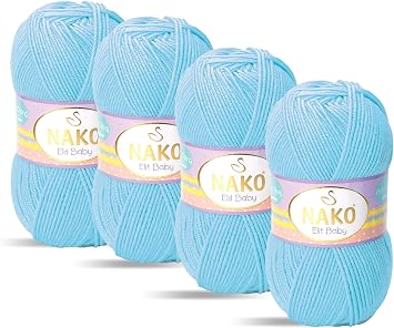Nako Elit Baby، غزل الحياكة للأطفال، 4 Pack، Anti-Pilling Low-PillingFeatured، كل Skein/Ball 100 g 3.5 oz Sky Blue 6723