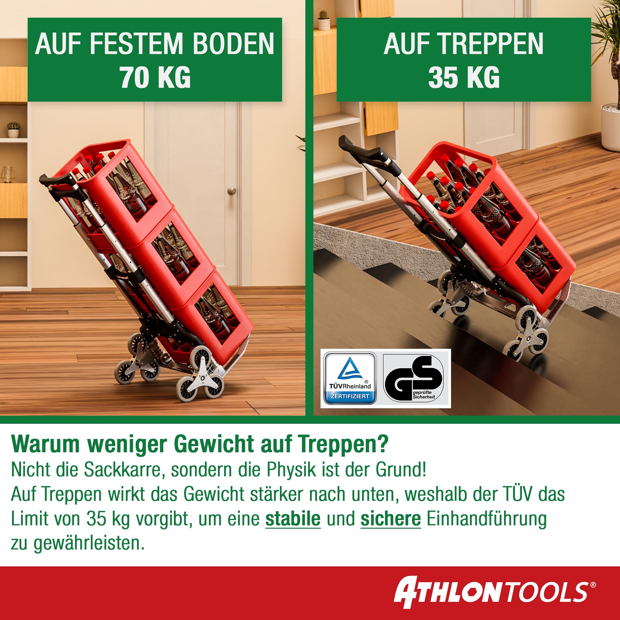 ATHLON TOOLS Treppensteiger Sackkarre klappbar TÜV GS-geprüft – Profi Treppensackkarre aus Aluminium leicht - Extra Langer Griff 110cm & Ladefläche mit Anti Rutsch Pads - Transporthilfe für Treppen