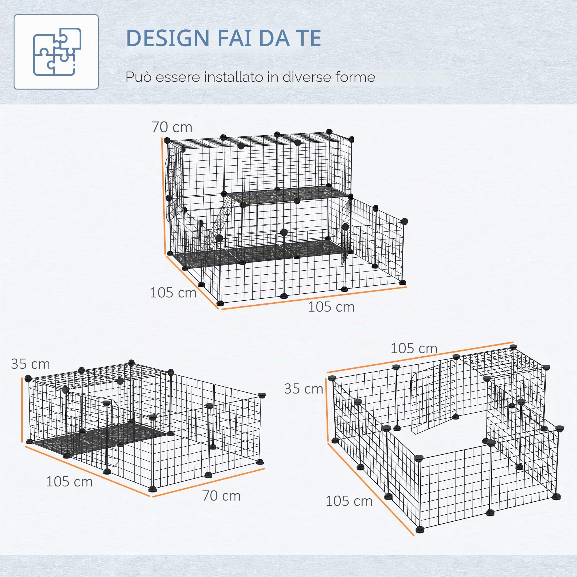 PawHut Recinzione Metallica per Piccoli Animali Montaggio Fai-da-Te Parco Metallico Smontabile a 3 Livelli Gabbia per Animali Domestici Piccoli 111x75x119 cm Nero