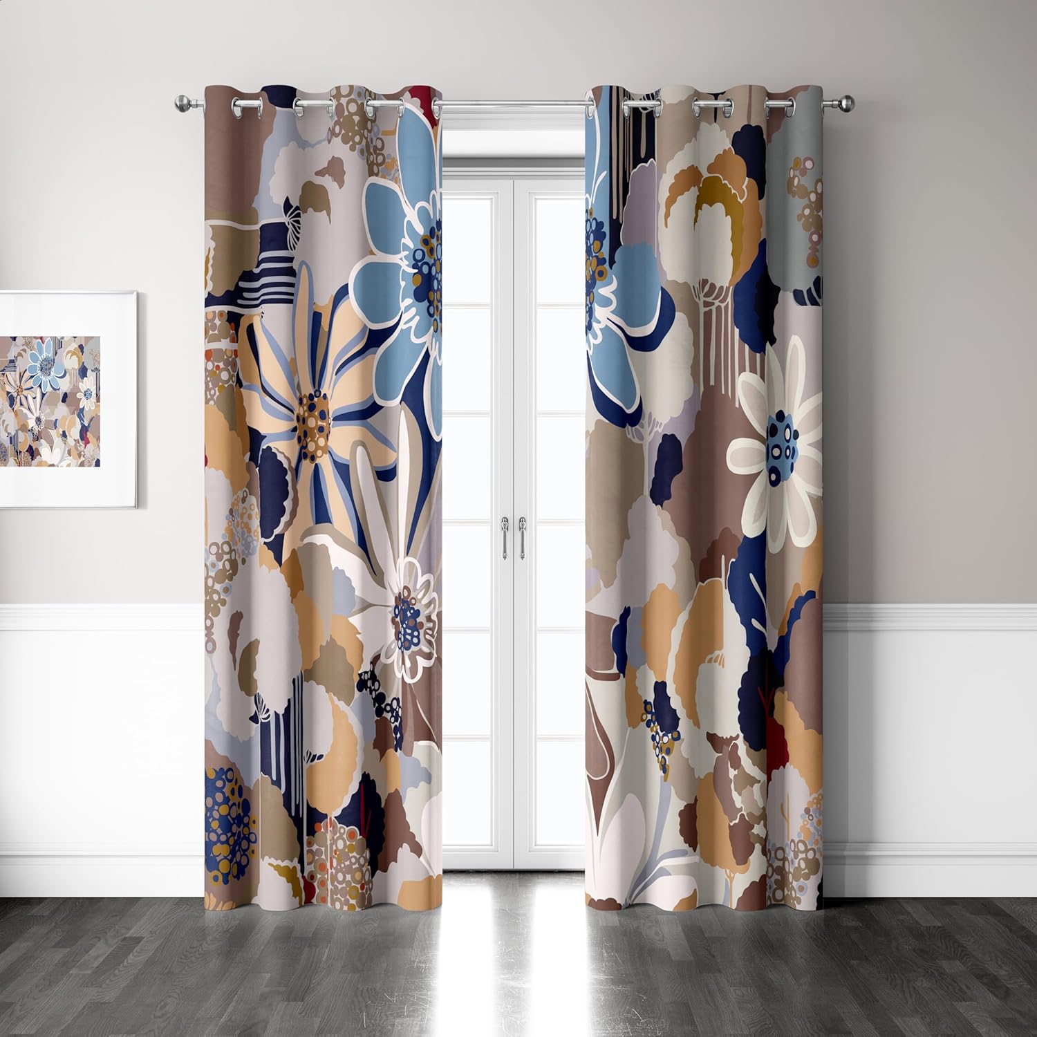 100% Blackout Curtains for Bedroom 84 inch Long 2 Panels Set Grommet Gray Blue Abstract Geometric Floral Patterned Black Out Curtains Room Darkening Window Drapes Treatment for Living Room, 52Wx84L