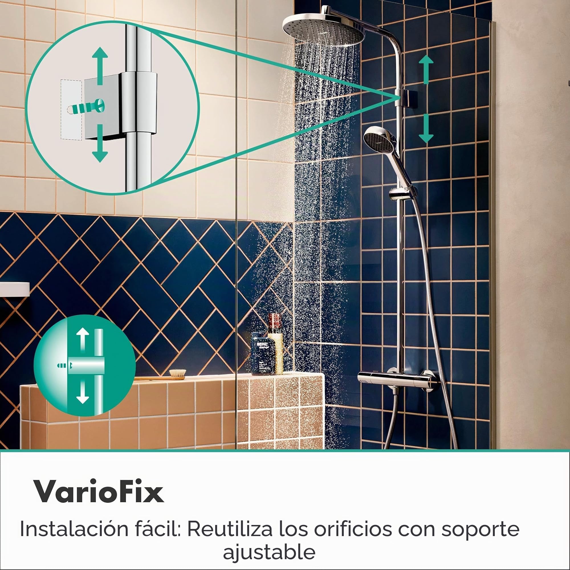hansgrohe Activera S - sistema de ducha ahorro de agua (EcoSmart) con termostato, ducha lluvia (240 mm) con grifo, ducha de mano (2 tipos de chorro), flexo, barra, ducha fija redonda, cromo, 28078000