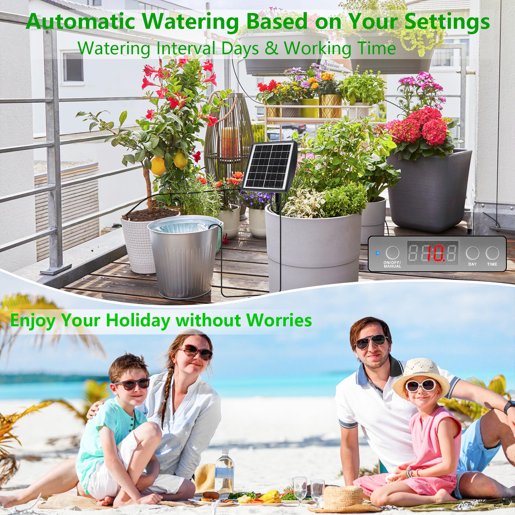 Arrosage Goutte à Goutte Solaire 2025, Programmateur Arrosage Solaire avec 15m Tuyau D'arrosage, Systeme Kit Arrosage Automatique Solaire Intérieur Extérieur pour Jardin Balcon Potager Plante Vacances