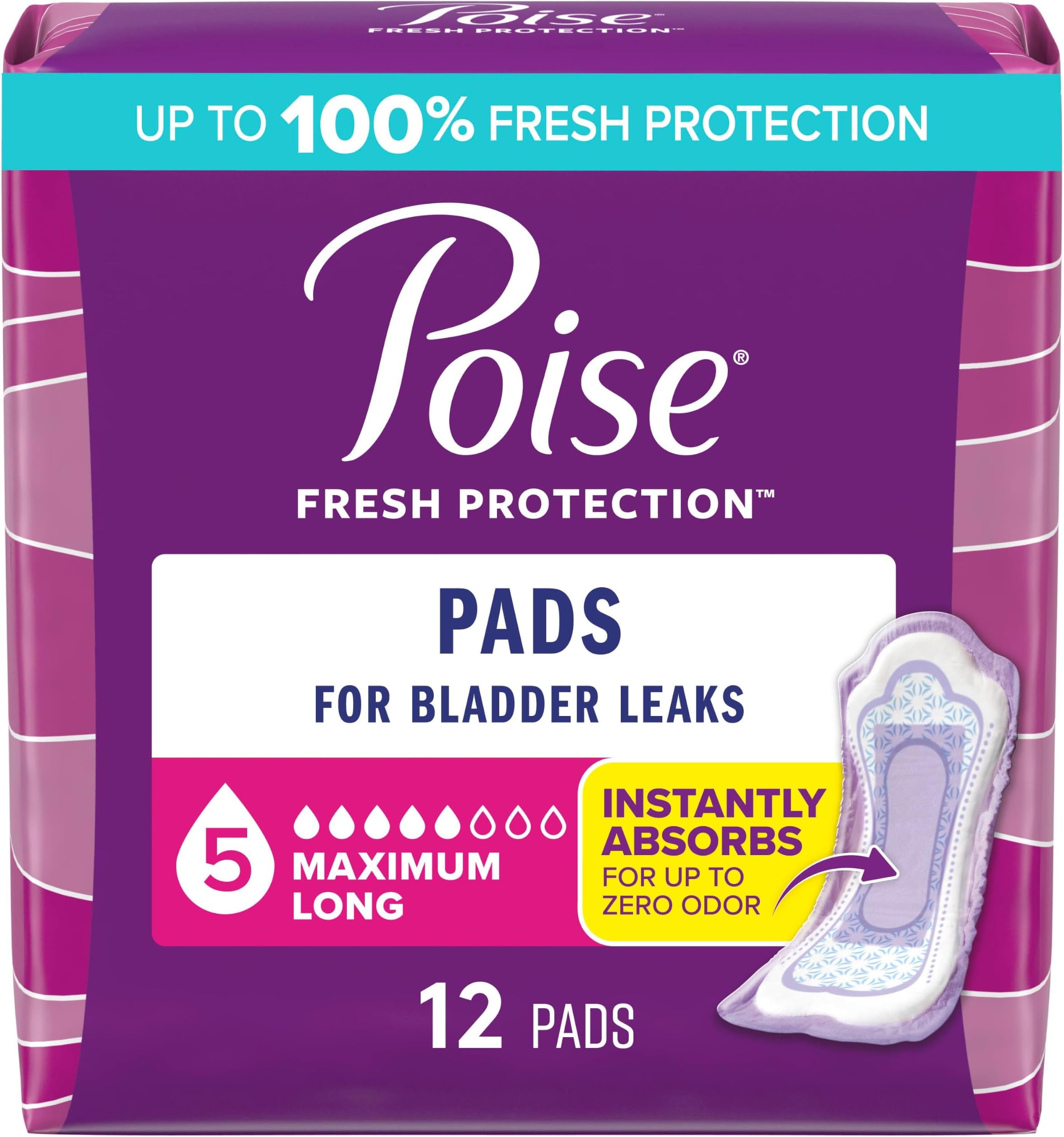 Incontinence & Postpartum Pads for Bladder Leaks, 5 Drop Maximum Absorbency, Long Length, 12 Count, Packaging May Vary