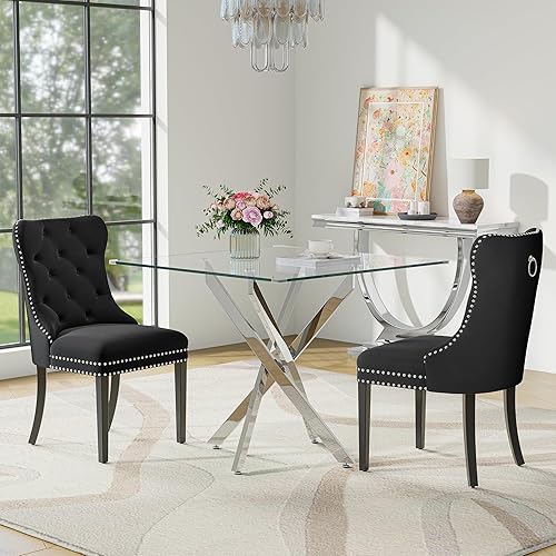 Miniatura 47 de Juego de mesa de comedor de cristal para 4 personas con mesa cuadrada de cocina de vidrio templado de 36 pulgadas, juego de comedor de 5 piezas con