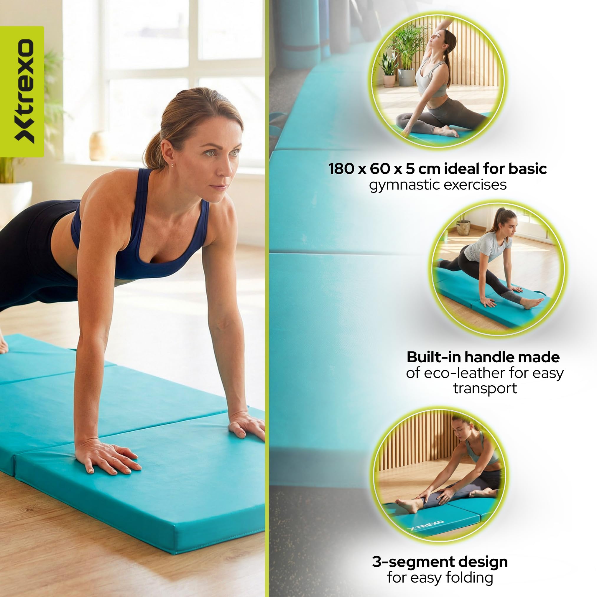 TREXO Colchoneta plegable 180x60x5 cm Esterilla gimnasia piel sintética 3 segmentos