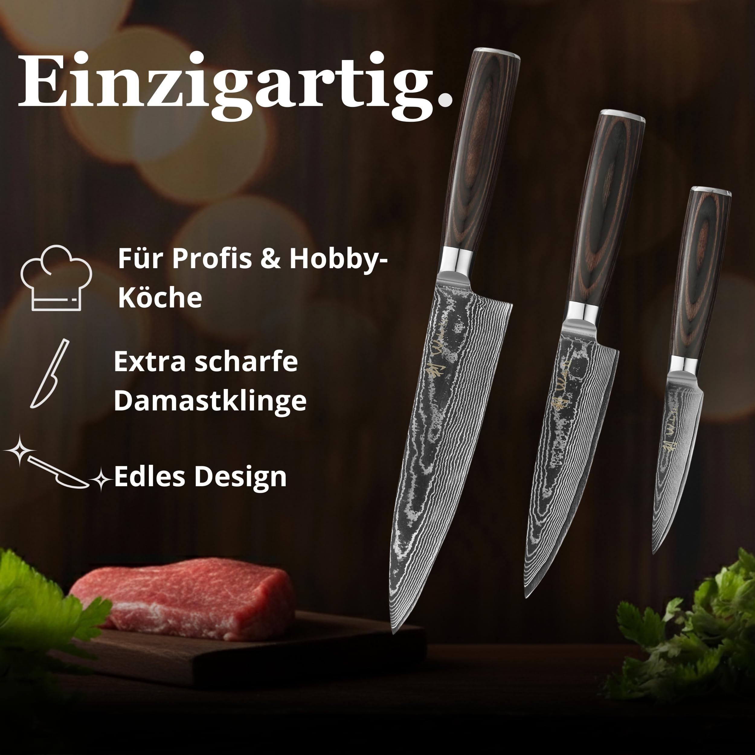 Wakoli EDIB Essentials 3er Messerset aus 67 Lagen Damaststahl mit VG10-Kern | Chefmesser, kleines Chefmesser und Officemesser; Pakkaholzgriffe, Holzbox, 60 ± 2 HRC, für Fleisch, Fisch, Gemüse und Obst