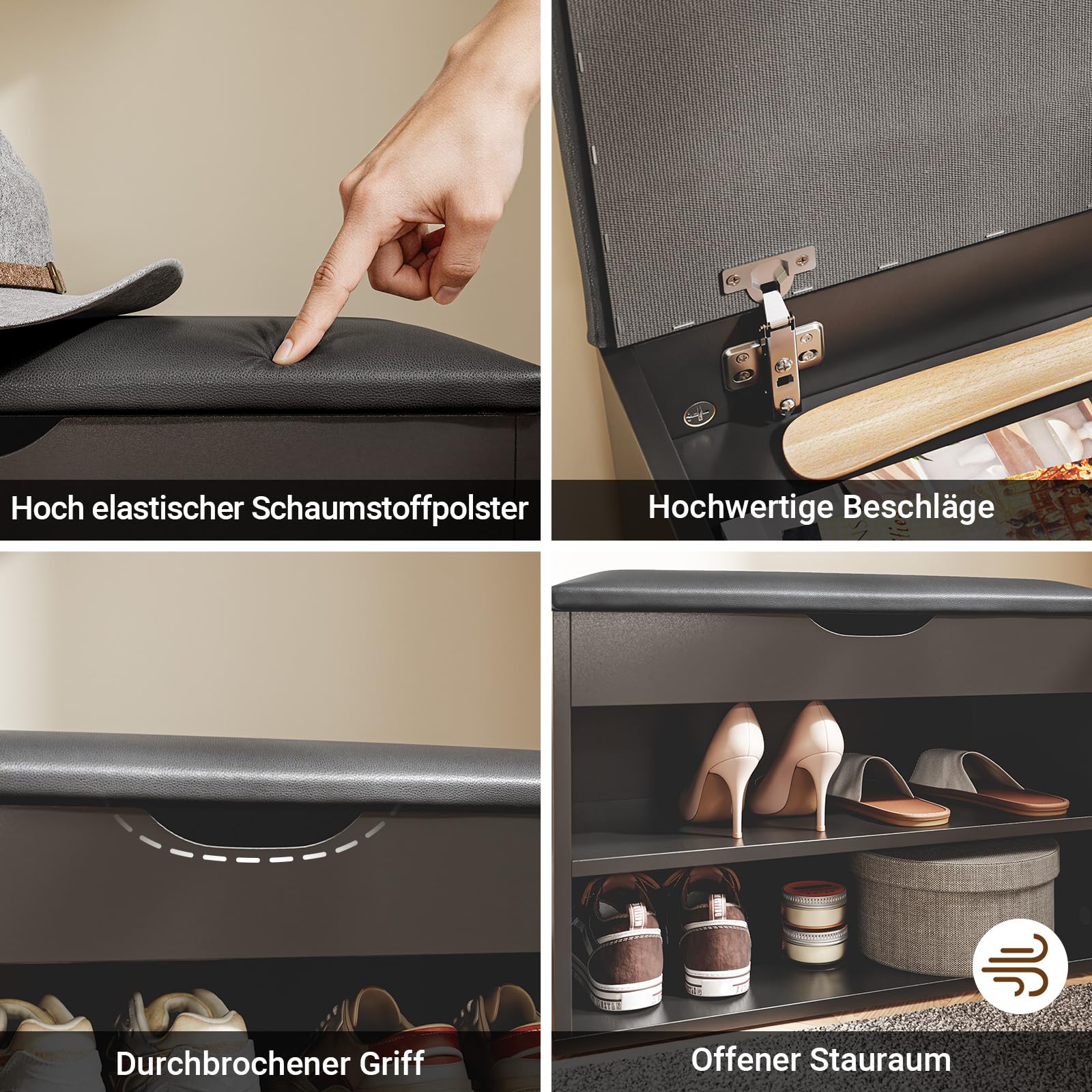 SoBuy Schuhbank mit Sitzfläche, Schuhregal mit Sitzbank, Schuhbank mit Stauraum 3-in-1, für Kleine Wohnungen, Eingangsbereich, Flur, Schlafzimmer, Schwarz, 60 x 30 x 43 cm, FSR25-SCH