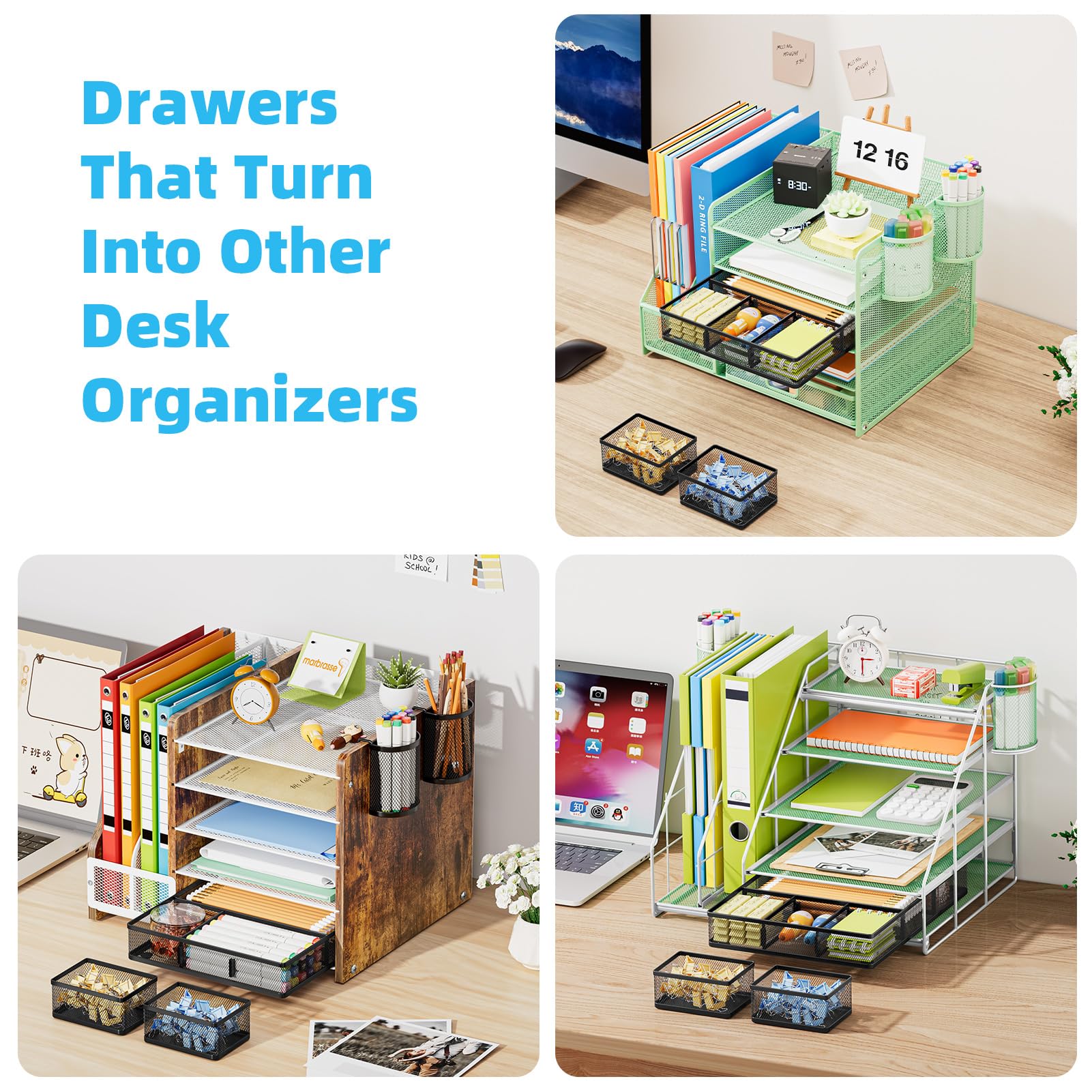 Marbrasse Confezione da 3 organizer per cassetti da scrivania, con 9 scomparti regolabili, cassetti spazzatura per trucco e toeletta, forniture per scrivania e accessori da ufficio (confezione da 2