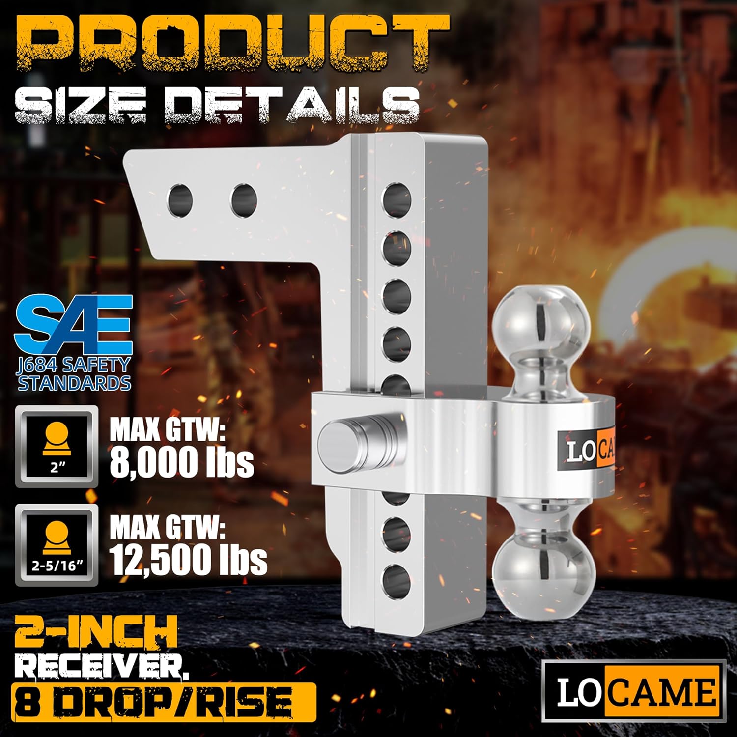 locame adjustable trailer hitch, fits 2-inch receiver, 8-inch drop/rise aluminum drop hitch, 12,500 lbs gtw-tow hitch for heavy duty truck with double stainless steel locks, silver, lc0004 silver 2" 8drop