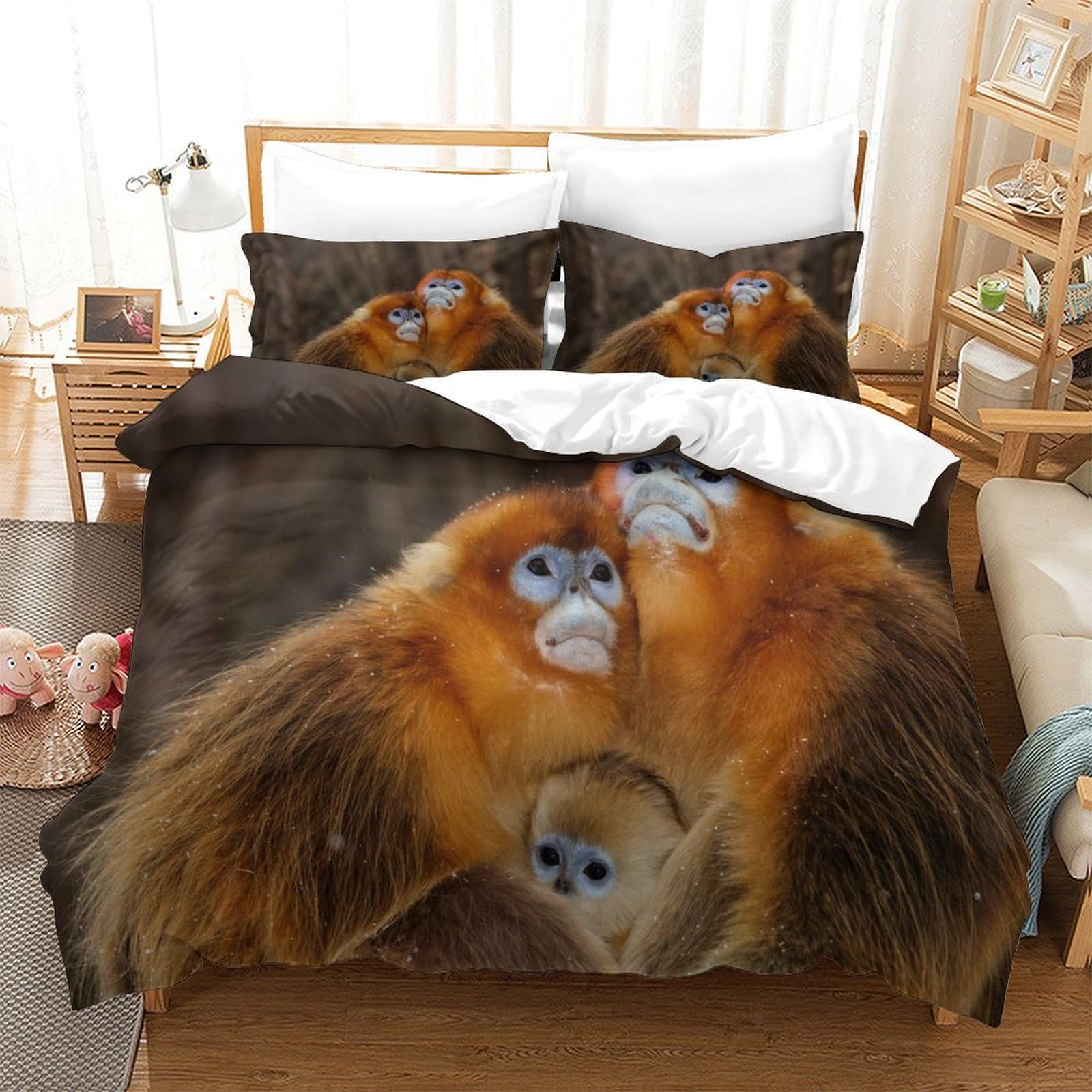 P1S9U7W5Y Soft Animal Golden Monkey 3D Printed Duvet Cover Set 3pcs Microfiber Monkey Bedding Set Single