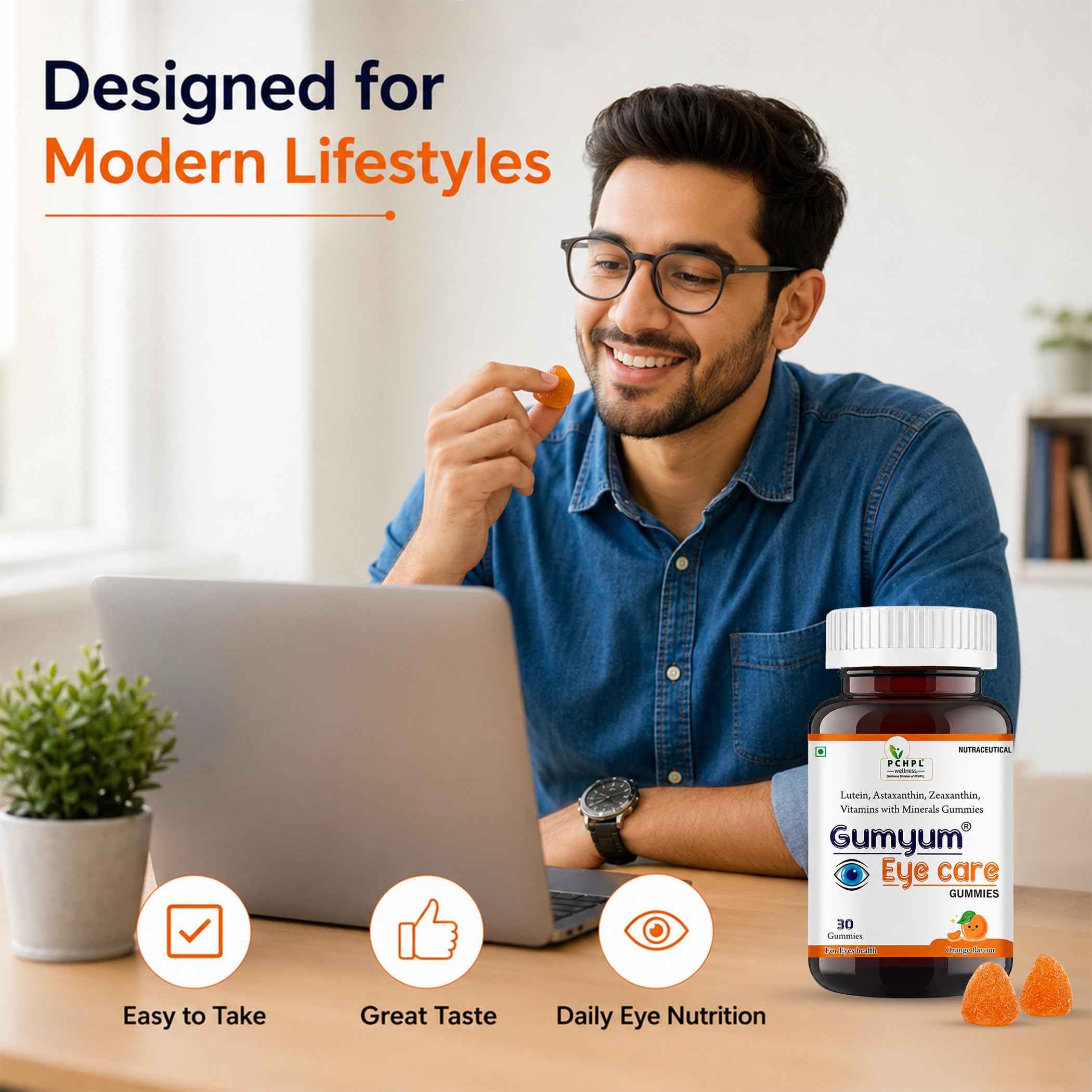 PCHPL wellness Gumyum Eye Care Gummies - Lutein, Astaxanthin, Zeaxanthin, Vitamins C & E, Zinc, Copper | Protects Against Blue Light, Relieves Eye Dryness | 30 Orange Gummies 3