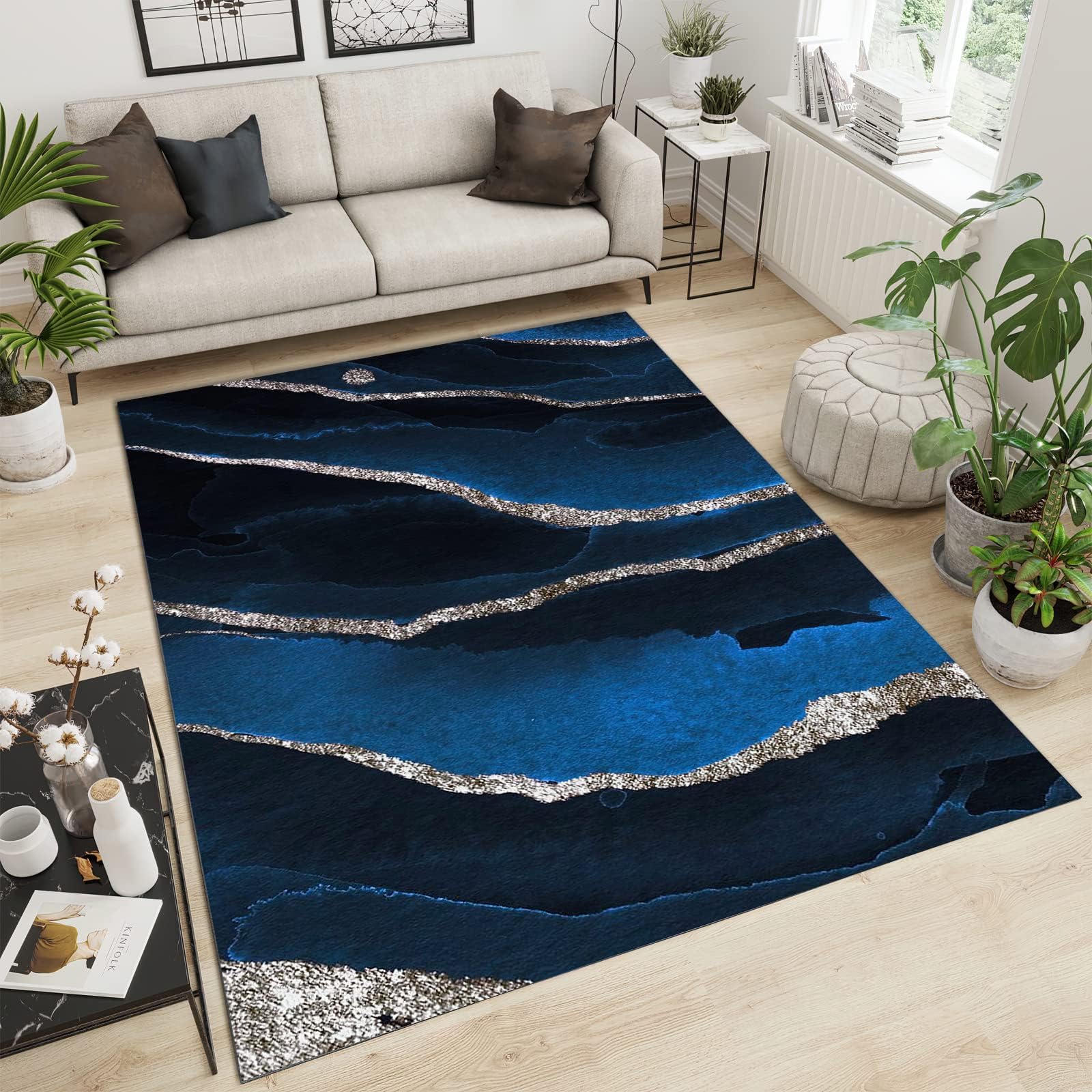 Tapis de Décoration Lignes étoilées De Luxe en Marbre Bleu Marine, 140 x 200 cm Tapis Moquette de Chambre à Poils Ras, Paillasson Intérieur - pour Chambre à Coucher de Salon