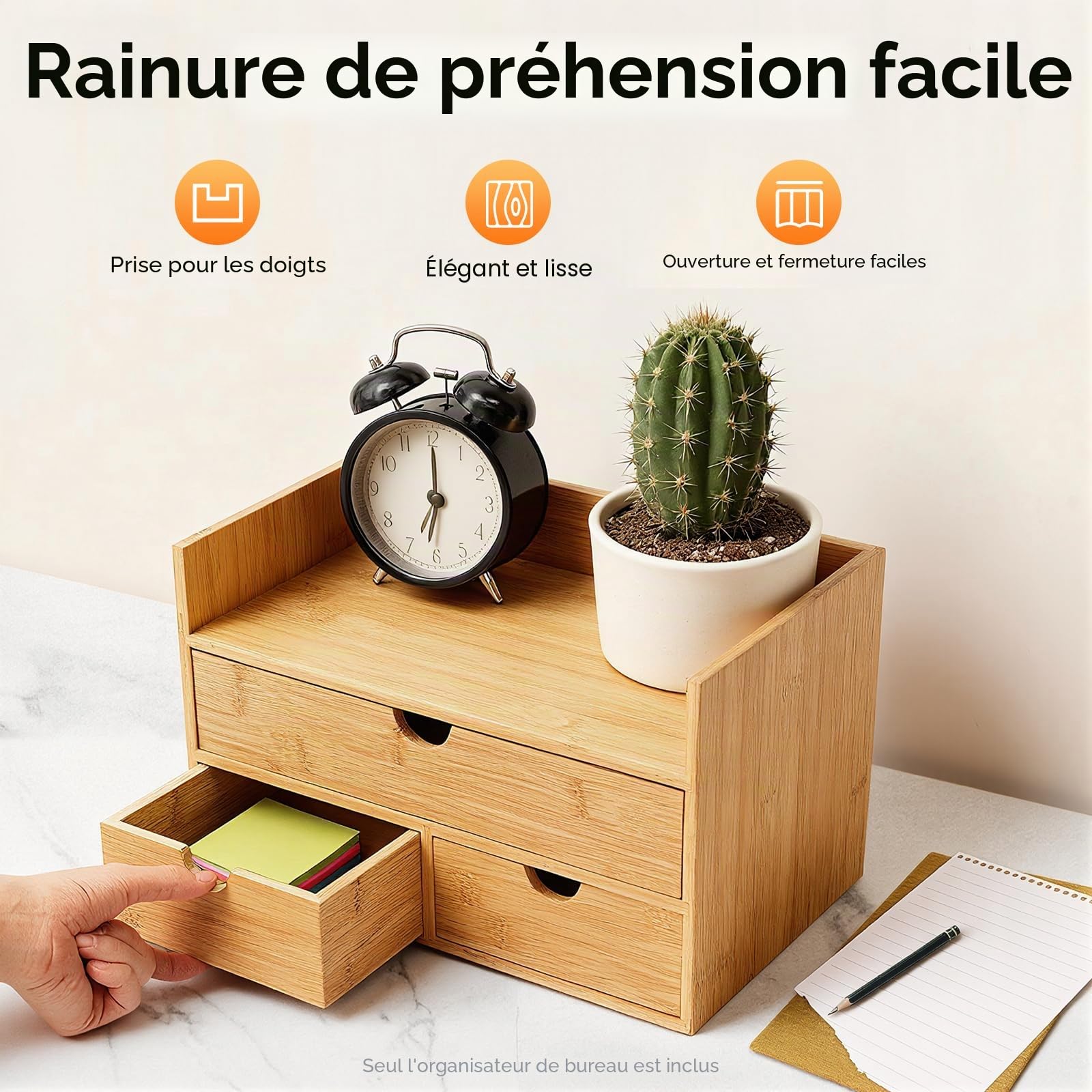 Organisateur de Bureau en Bambou avec 3 Tiroirs, Boîte de Rangement, Naturel, 30 x 19 x 20 cm