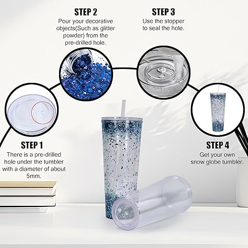 Miniatura 4 de AGH Vaso de globo de nieve (paquete de 4) – Vasos acrílicos de doble pared de 24 onzas con tapas y pajitas, vasos de plástico para globos de nieve