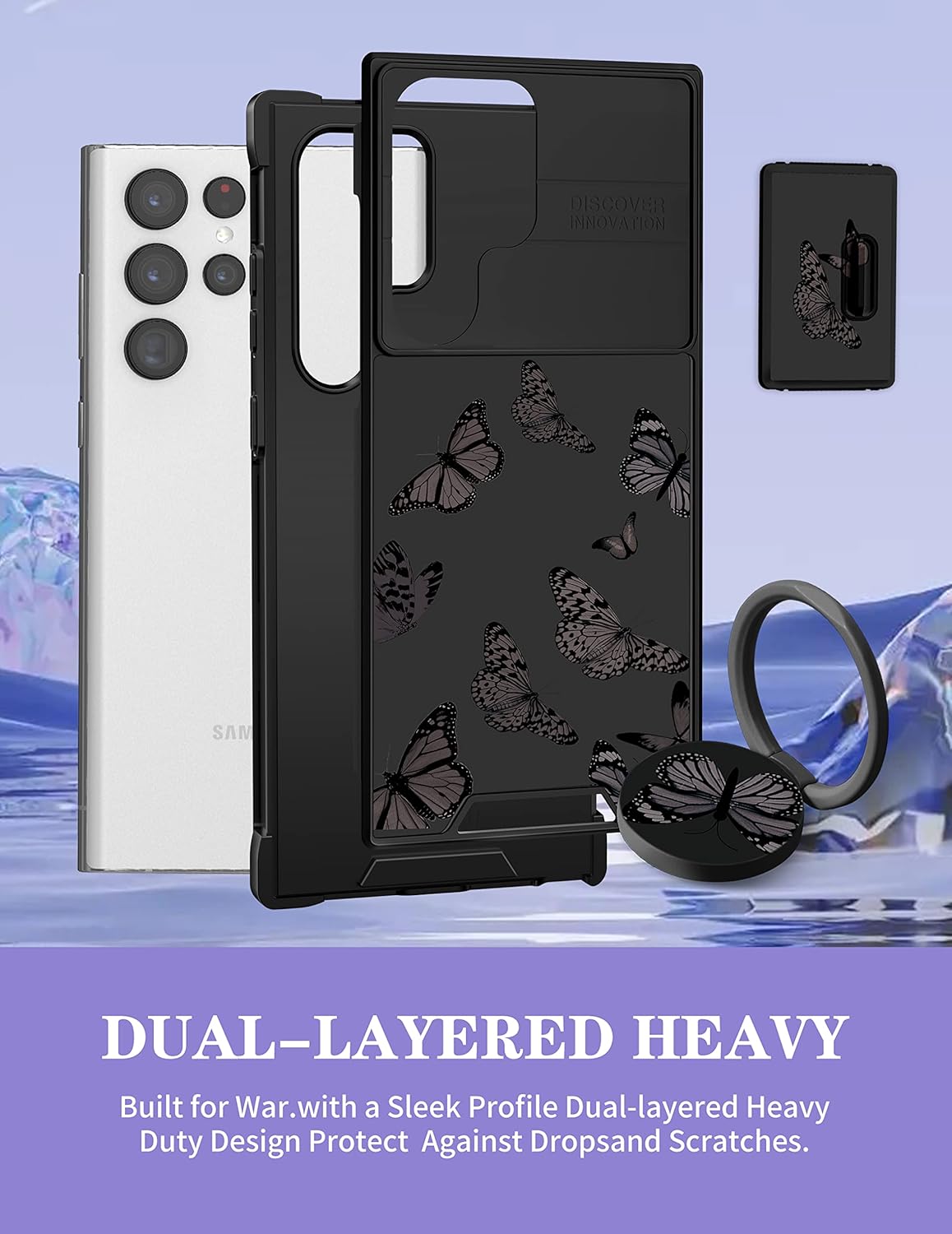 Goocrux (2in1 for Samsung Galaxy S23 Ultra Case Black Butterfly for Women Girls Girly Phone Cover Cute Butterflies Design with Slide Camera Cover+Ring Holder Fashion Cases for S23 Ultra 5G 2023 6.8'' - Image 5