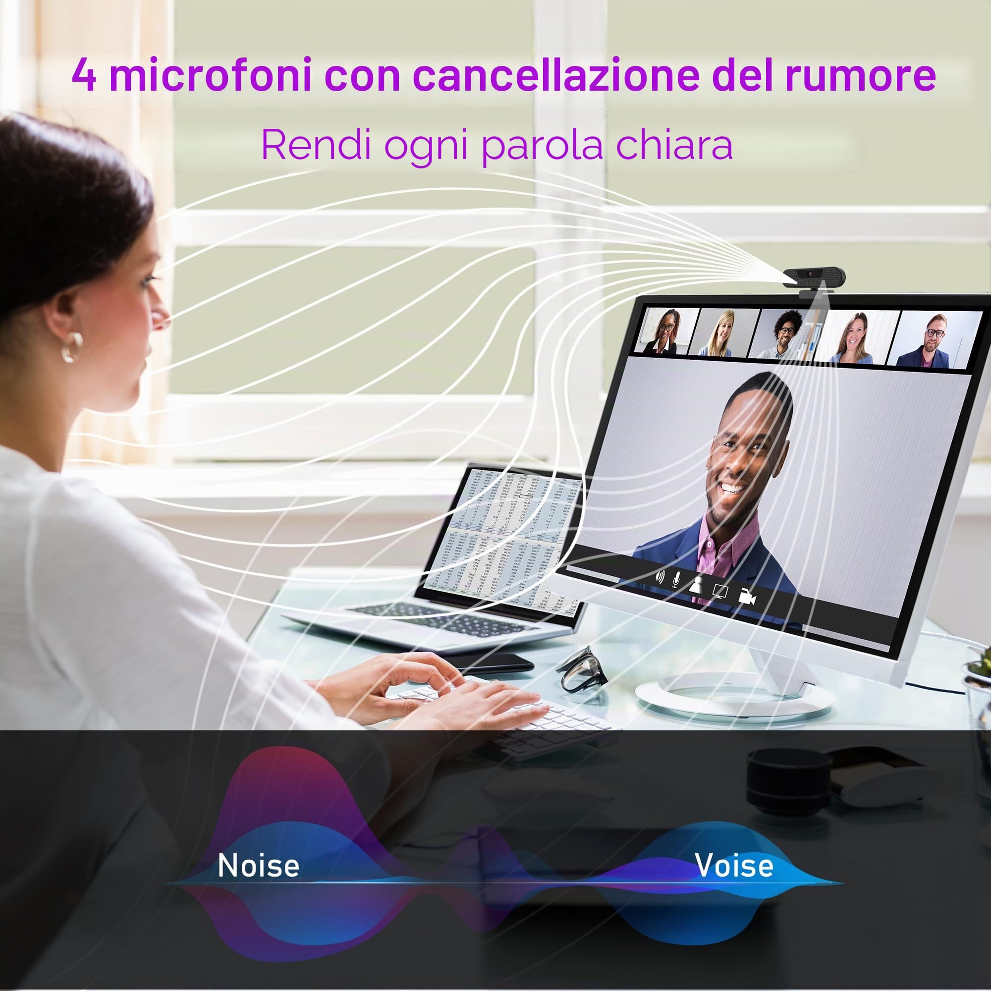 W8GS 4K Webcam, Ultra HD Webcam PC con 4 Microfono, Autofocus, Riduzione del Rumore, 85°View, Plug&Play, Protezione dei Dati, per Conferenze, Videochiamata, Streaming, Mac OS/Windows/Linux