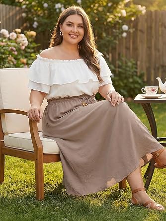 Lastshe Women's Plus Size Maxi Skirts Summer Beach Swing Pleated Elastic Waisted A-line Long Skirt with Pockets 2026