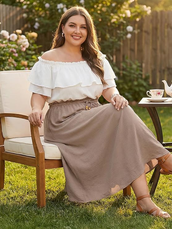 Lastshe Women's Plus Size Maxi Skirts Summer Beach Swing Pleated Elastic Waisted A-line Long Skirt with Pockets 2026