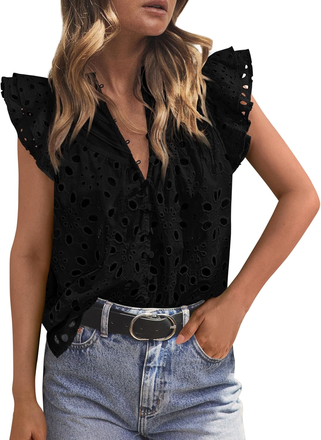 PRETTYGARDEN Womens Summer Tops 2026 Dressy Casual Ruffle Cap Sleeve Button V Neck Embroidered Eyelet Blouses Shirts