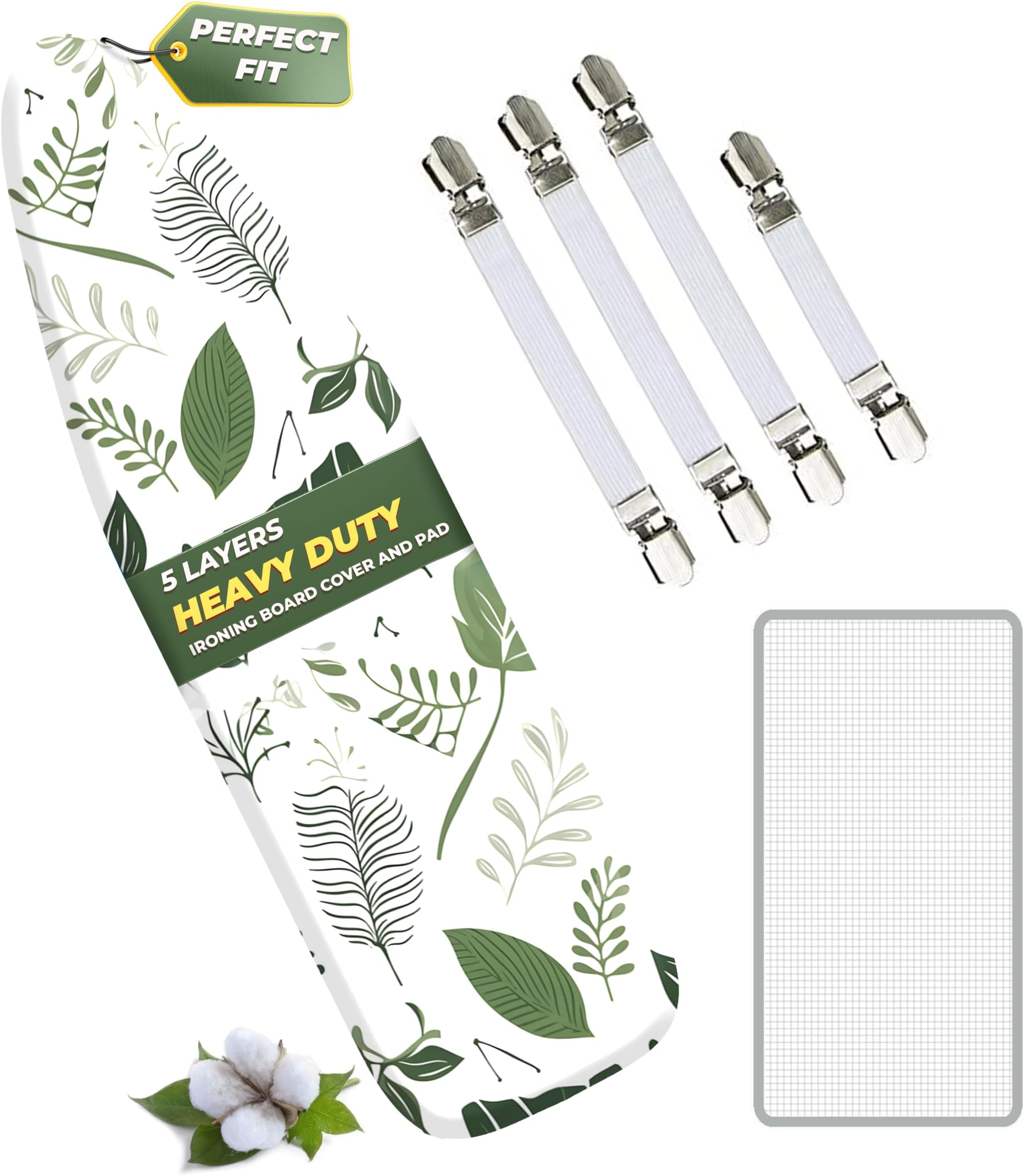 EcoNour Ironing Board Covers 124 x 38 cm Extra Thick 7mm Padding, 100% Cotton Top Covers Easy-Fit for Protecting Ironing Board Cover Complete Set with 4 Strings and Scorch Resistant Padding - Large