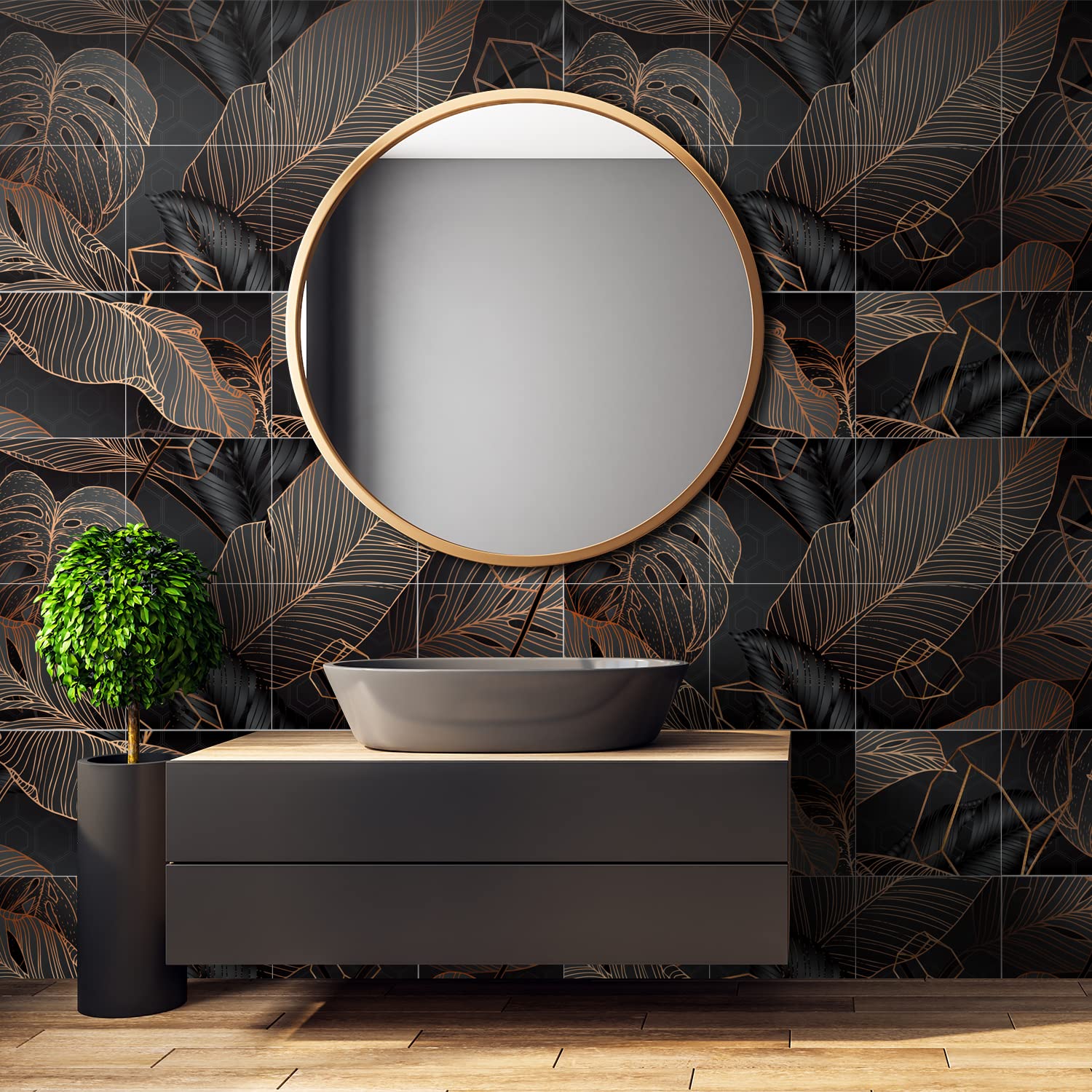 Alwayspon 24PcsX15cm/6inch Vinyl Wall Tile Sticker Transfer, Waterproof Sticky Back Tile Sticker for Kitchen Bathroom Self-adhesive Peel and Stick PVC Stick on Tile, Black and Gold Marble Effect