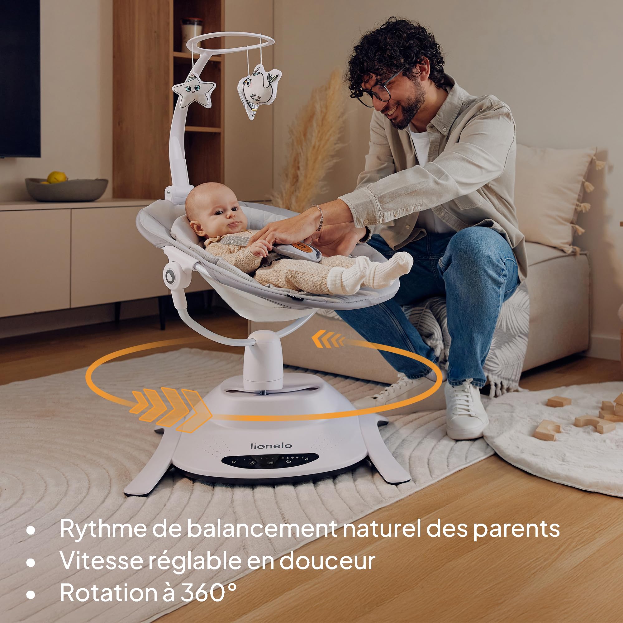 LIONELO Bella Set 2 en 1 Transat électrique nacelle 360° bébés 9 kg dossier inclinable 5 vitesses balancement ceinture sécurité antidérapante