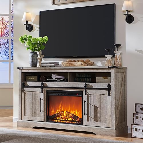 OKD Farmhouse Fireplace TV Stand for 70+ Inch TV, 33" Tall Highboy Entertainment Center w/Electric Fireplace, Rustic Media Console w/Sliding Arched Door for Living Room,Light Rustic Oak