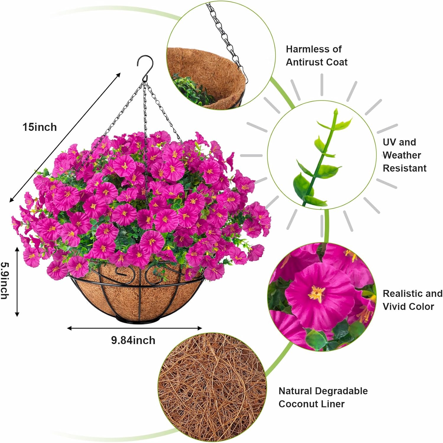 Ouddy Decor Artificial Hanging Plants Flowers Basket for Spring Summer Outdoor Decor, Fake Hanging Flowers Faux Silk Morning Glory UV Resistant for Patio Yard Porch Garden Home Decorations, Fuchsia