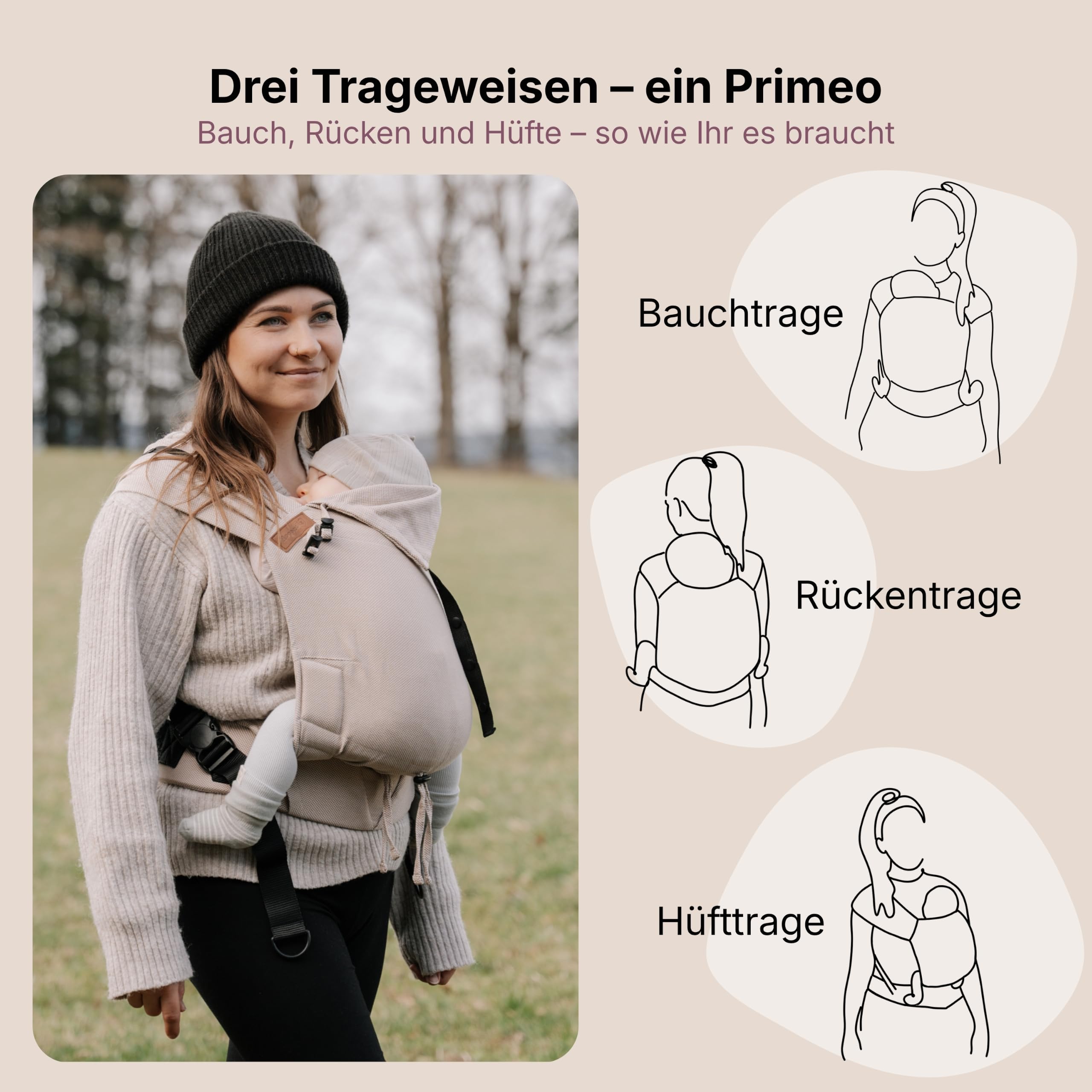 Hoppediz Primeo - Marsupio Neonato 0-36 Mesi - Porta Bebè Ergonomico e Confortevole, Creta