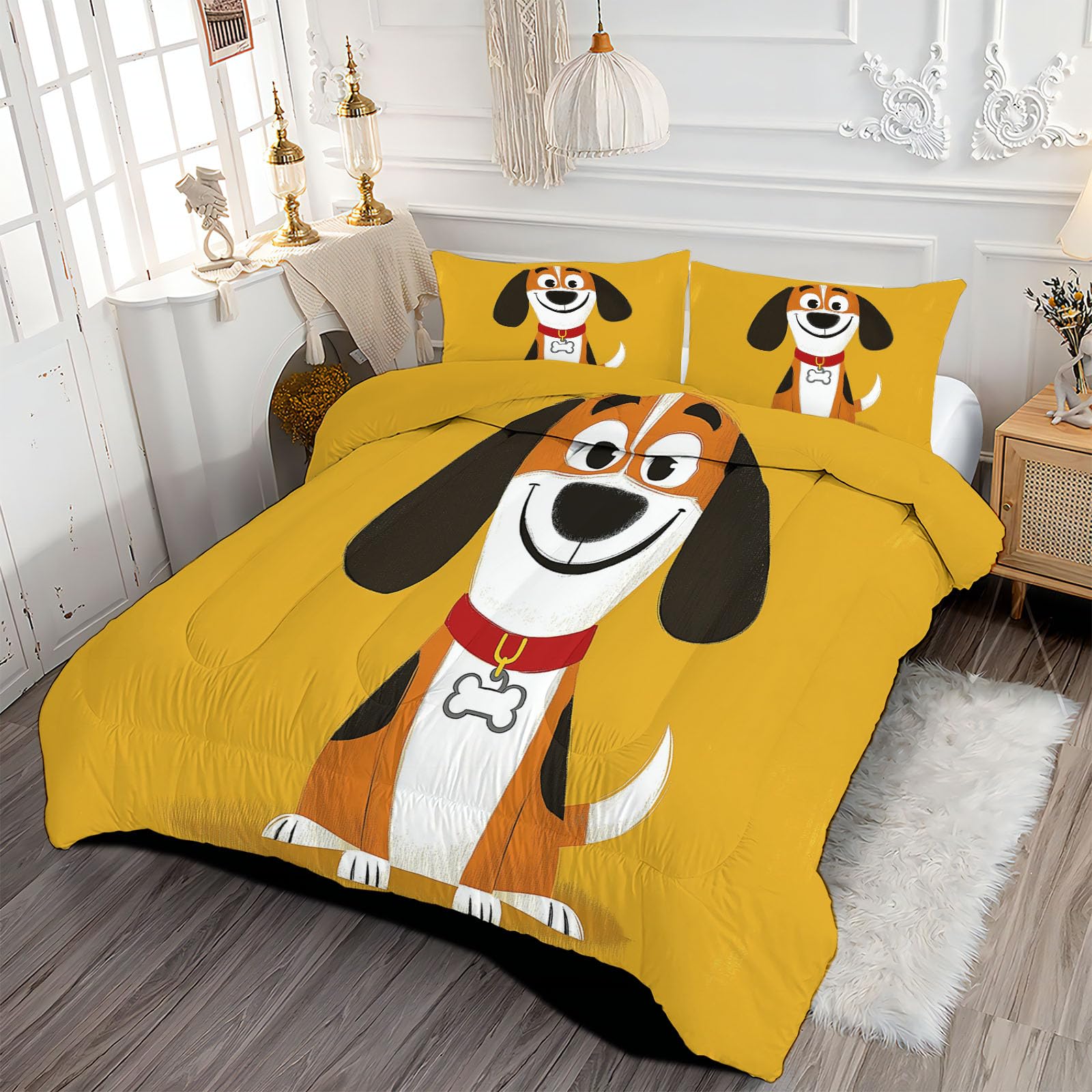 Trapunta Invernale in Ecopiuma, 240x220cm Set Piumone Illustrazioni Per Bambini Imbottita 200 gr/mq Caldo e Morbido Piumino Trapuntato Beagle Felice Coperta Letto Reversibile per 4 Stagioni, Curcuma