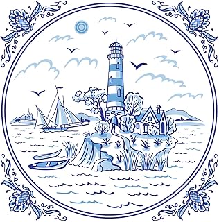 Nautical Napkins BLUE LIGHTHOUSE TILE 40pcs Blue and White Cocktail Napkins, Coastal Decoupage Paper