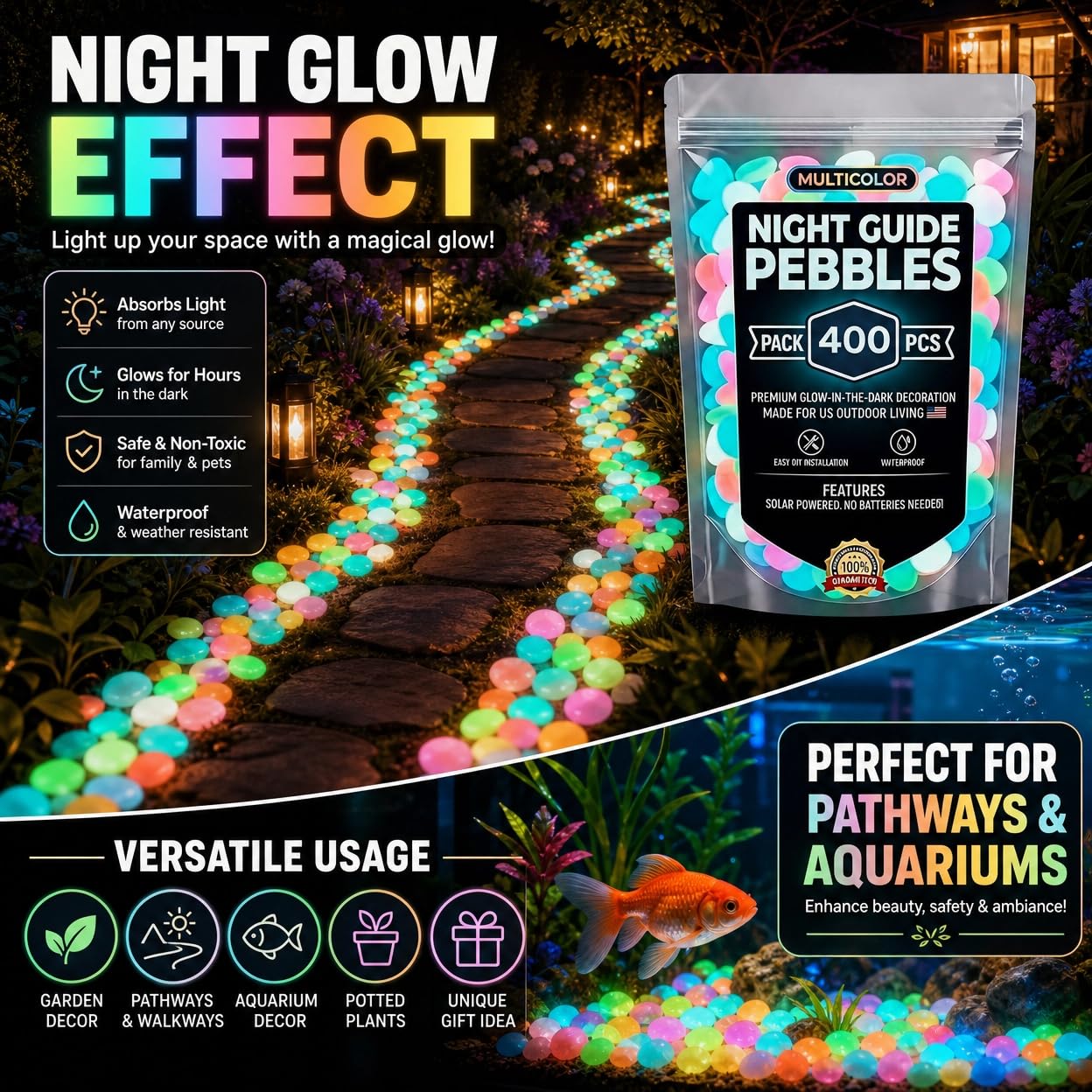 400 PCS Colorful Glow in The Dark Pebbles for Garden Landscaping, Luminous Resin Stones for Outdoor Walkway, Aquarium and Yard Decoration