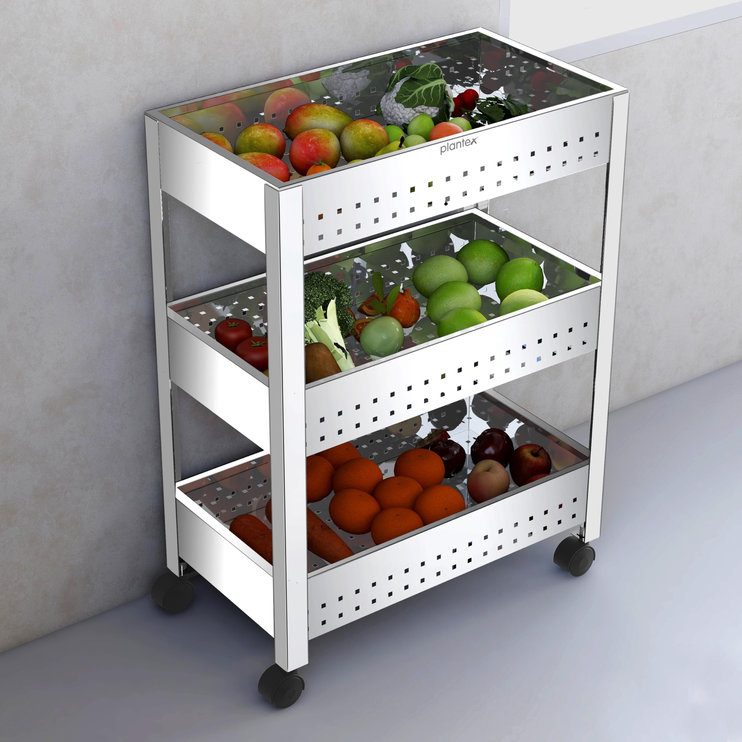 Plantex Stainless Steel 3-Tier Vegetable Storage Basket for Kitchen/Onion Garlic Stand-Trolley (Square Profile-Silver)-image-29