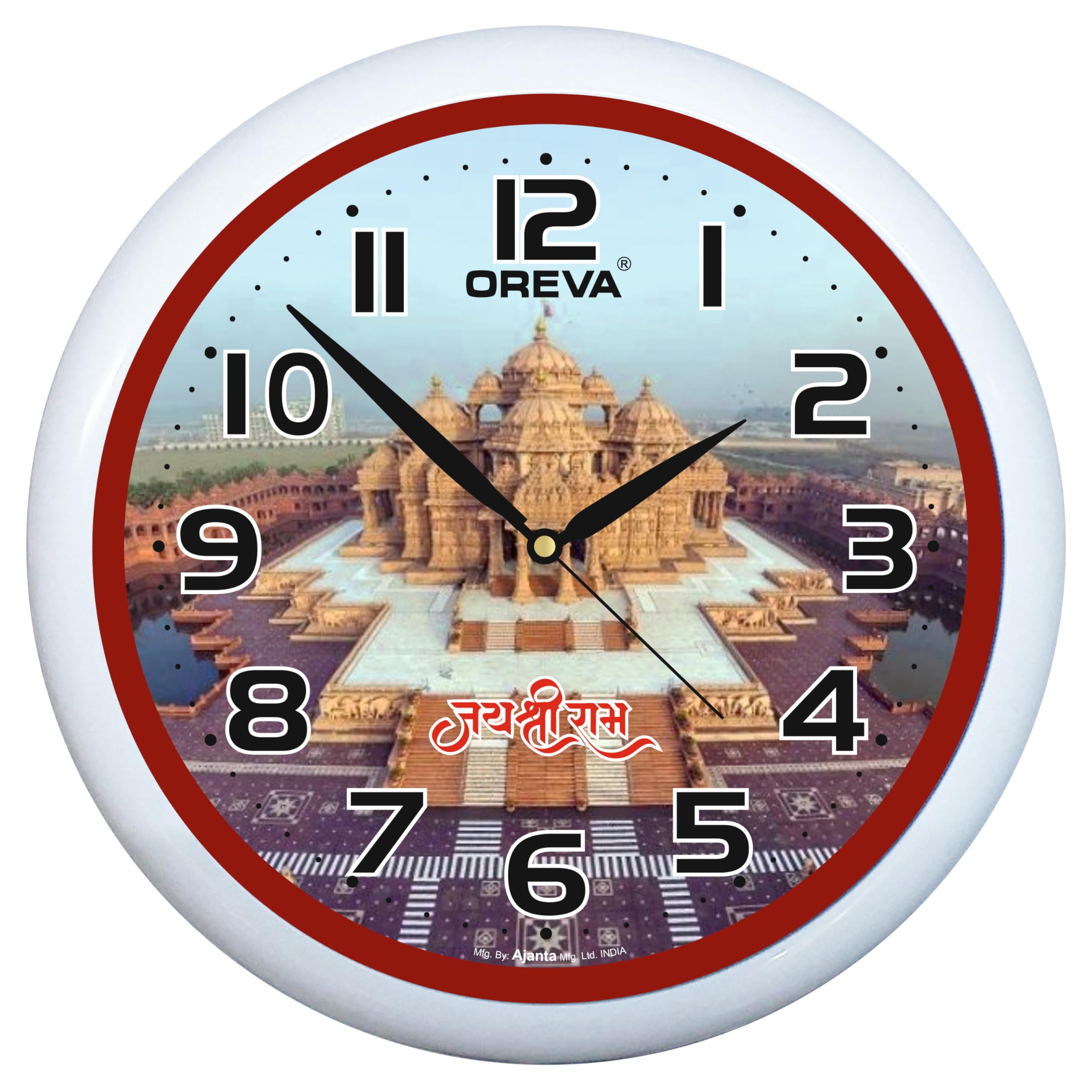 OREVA Jay Shri Ram Mandir Ayodhya Printed Round Plastic Wall Clock for Home Living Room Prayer Room Bedroom Mandir Office (25.5 x 25.5 3.7 cm) AQ 1577 Red