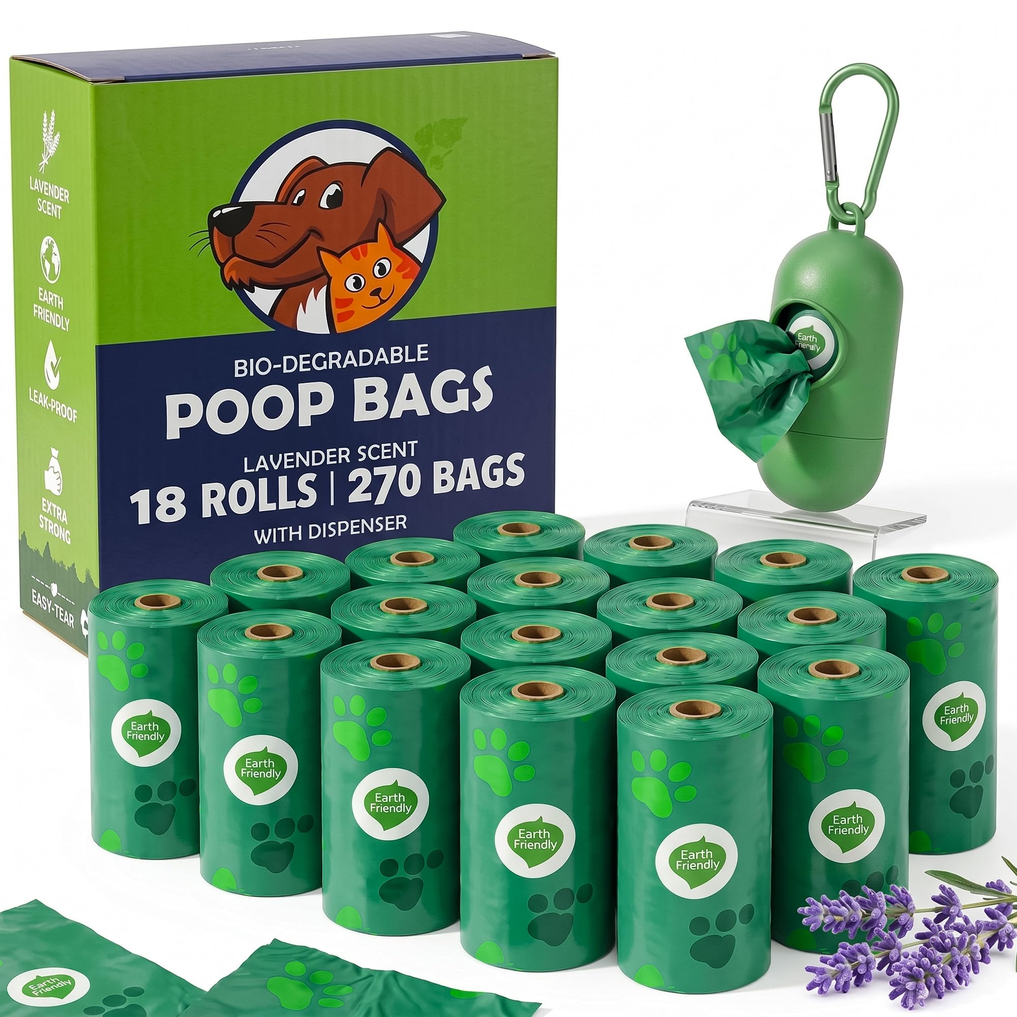 PET'S HUB Dog Poo Bags with Dispenser — 270 Biodegradable & Eco-Friendly Dog Poop Bags, Extra Thick, Leak Proof, Lavender Scented, Easy Tear Refill Rolls