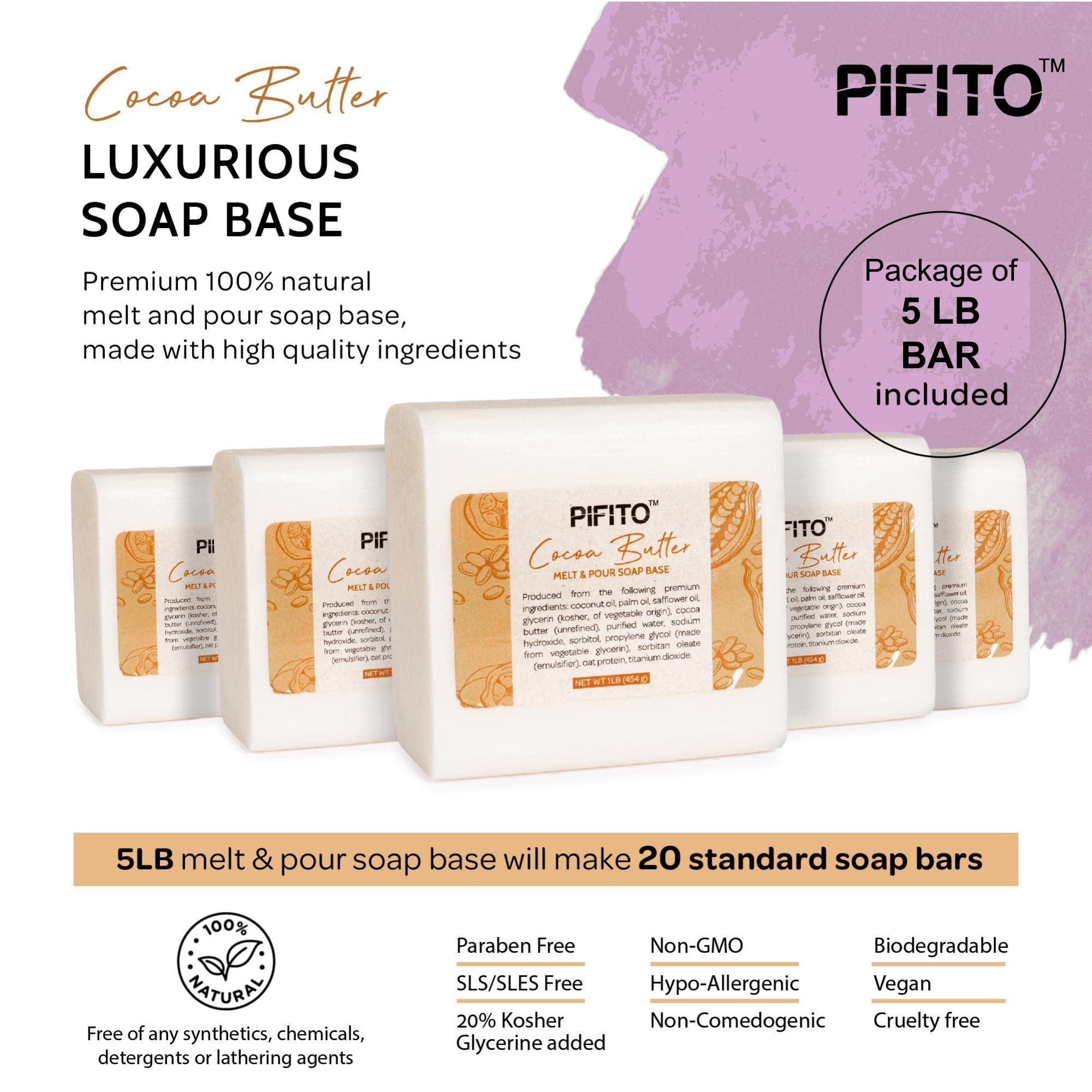 Pifito Premium burro di cacao base per sapone da sciogliere e versare, base di sapone naturale alla glicerina vegetale – eccellente sapone fatto a mano 5 lb