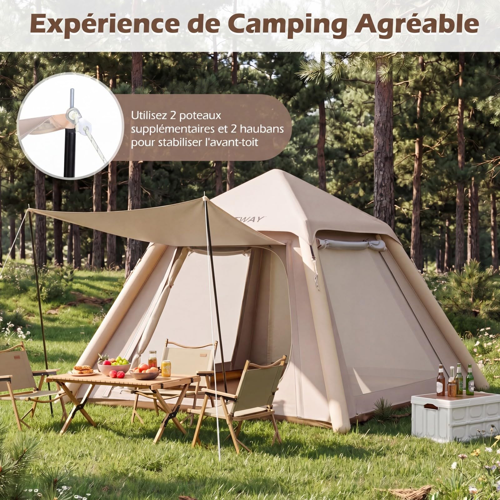 COSTWAY Tente de Camping Gonflable pour 2-4 Personnes, Grande Tente Portable avec Pompe Portes Fenêtres Filet Toit Amovible UPF50+ Étanche, Montage Rapide pour Camping Voyage Randonnée