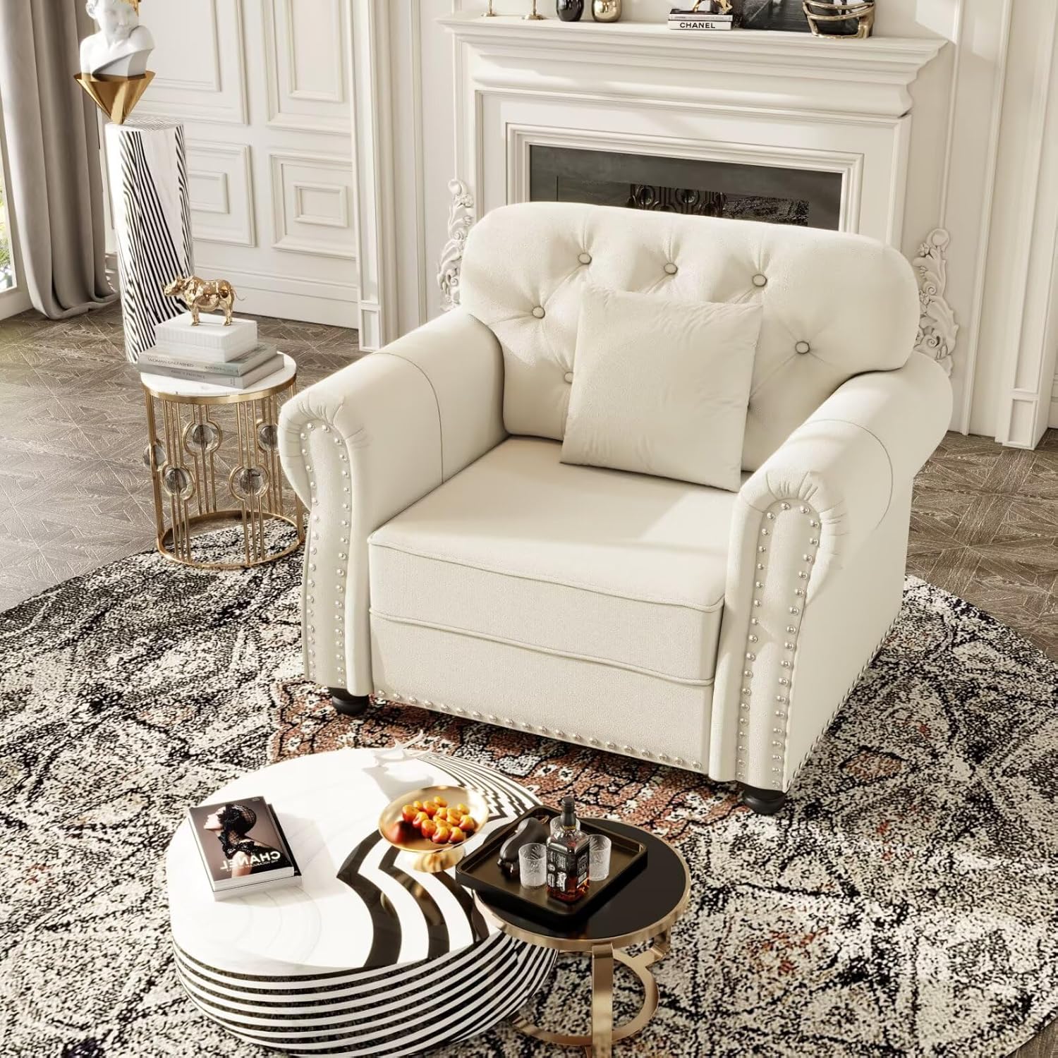 DRIXNO Beige Velvet Sofa with Button Tufted Back, Nailhead Trim & Rolled Arms, Mid-Century Modern 41.3" Upholstered Couch with Pillow for Living Room, Office