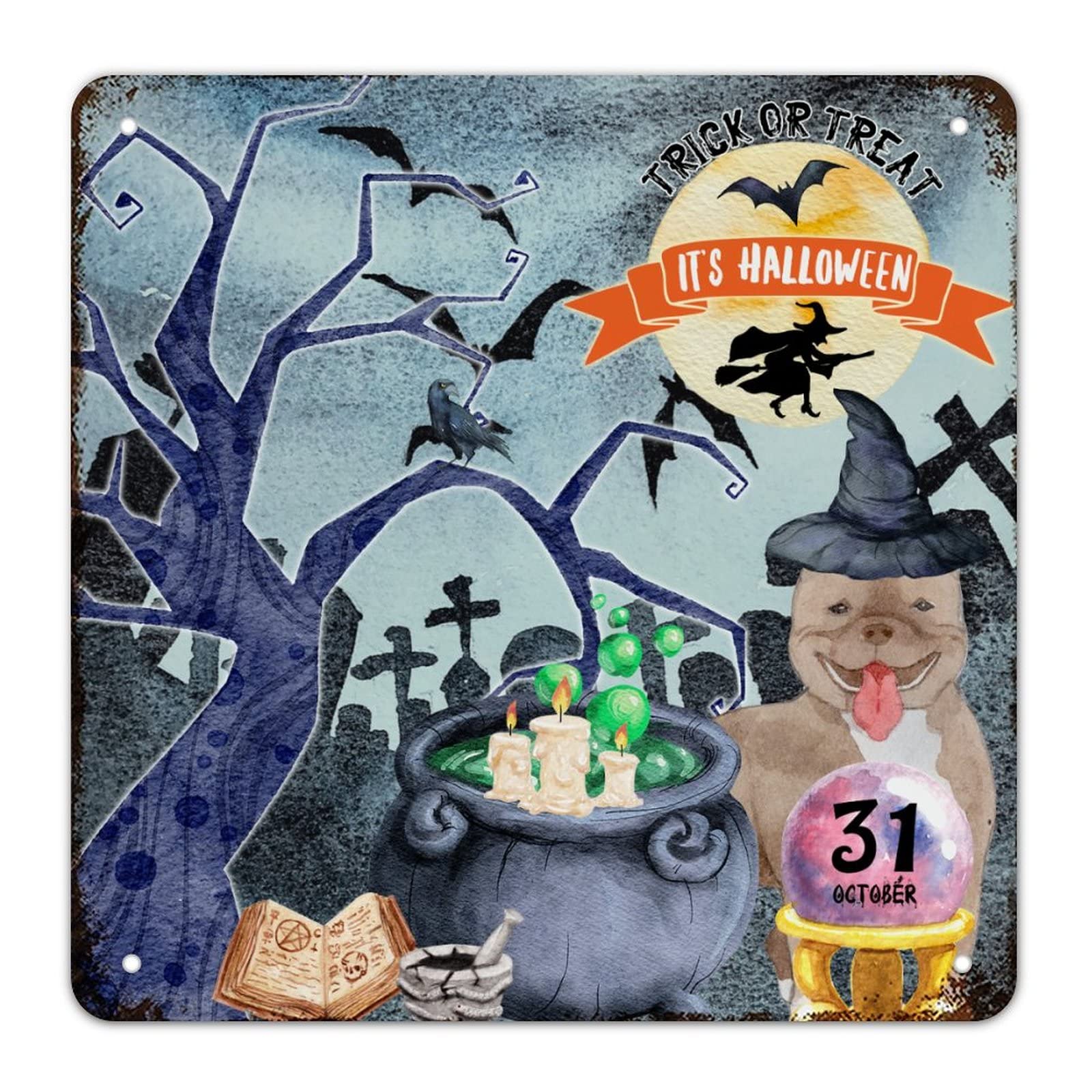 Panneau en métal Halloween avec corbeaux et sorcière finition premium