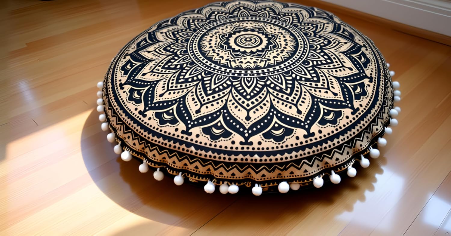 CRAFT KALA Boho Large Floor Pillow Pouf Cover Mandala Meditation Room Pillow Cover for Adults Round Bohemian Seating Pouf Cushion Cover for Kids Playroom 22" Black Gold Ombre